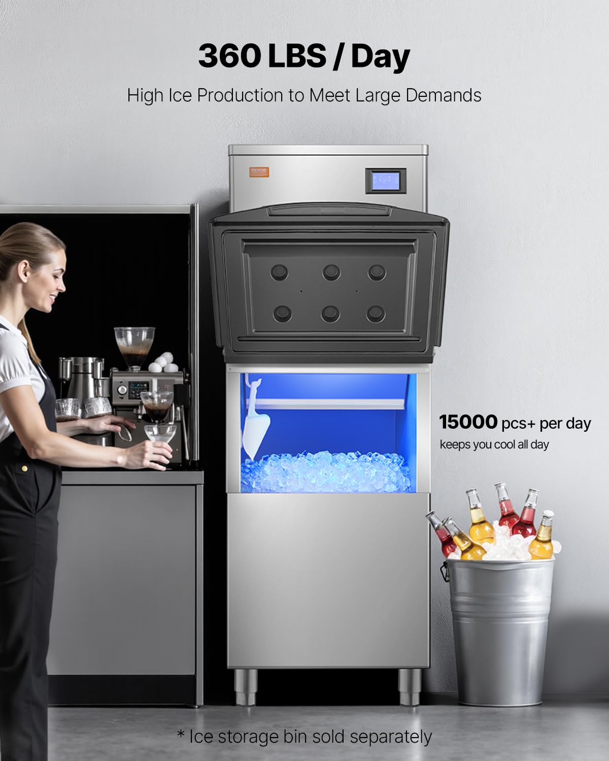 VEVOR Eismaschinenkopf kommerzieller Eisbereiter Eismaschine (nur Kopf) 163 kg/Tag, Kopf aus Edelstahl + PE-Kunststoff Eisbereiter-Kopf mit intelligentem Bedienfeld & Reinigung auf Knopfdruck