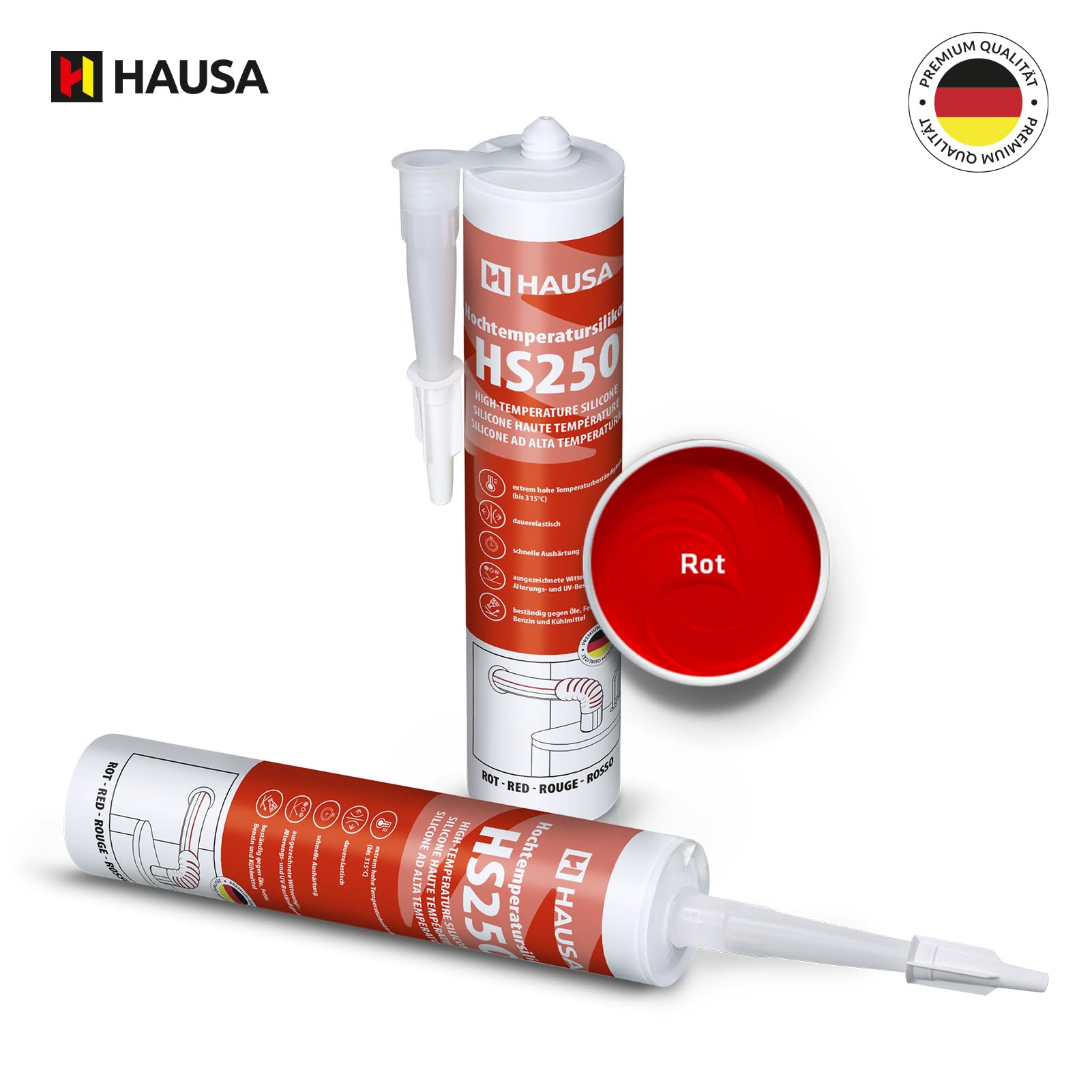 Silicone haute température HS250 Colle et mastic professionnel pour joints pour températures jusqu'à 305°C Étanchéité de moteurs automobiles, industriels et marins 4x310ml (Rouge) HAUSA