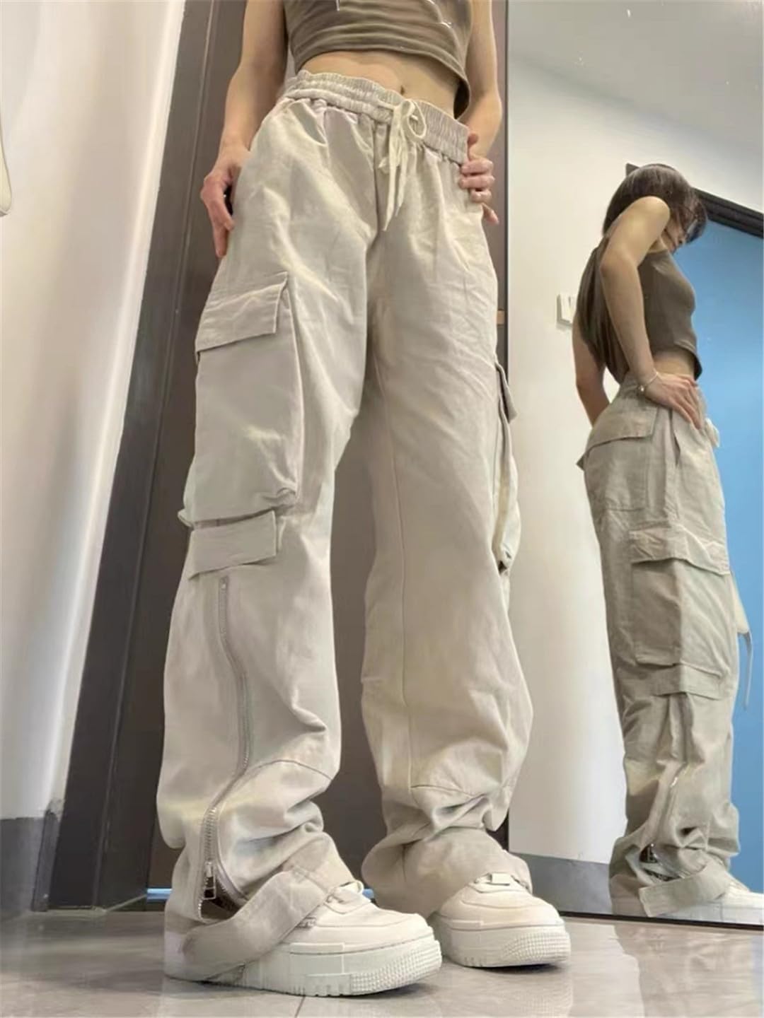 Fjnbbiot Pantaloni Cargo retrò Donna Tasche Vintage Pantaloni Larghi Pantalone Gamba Larga Femminile