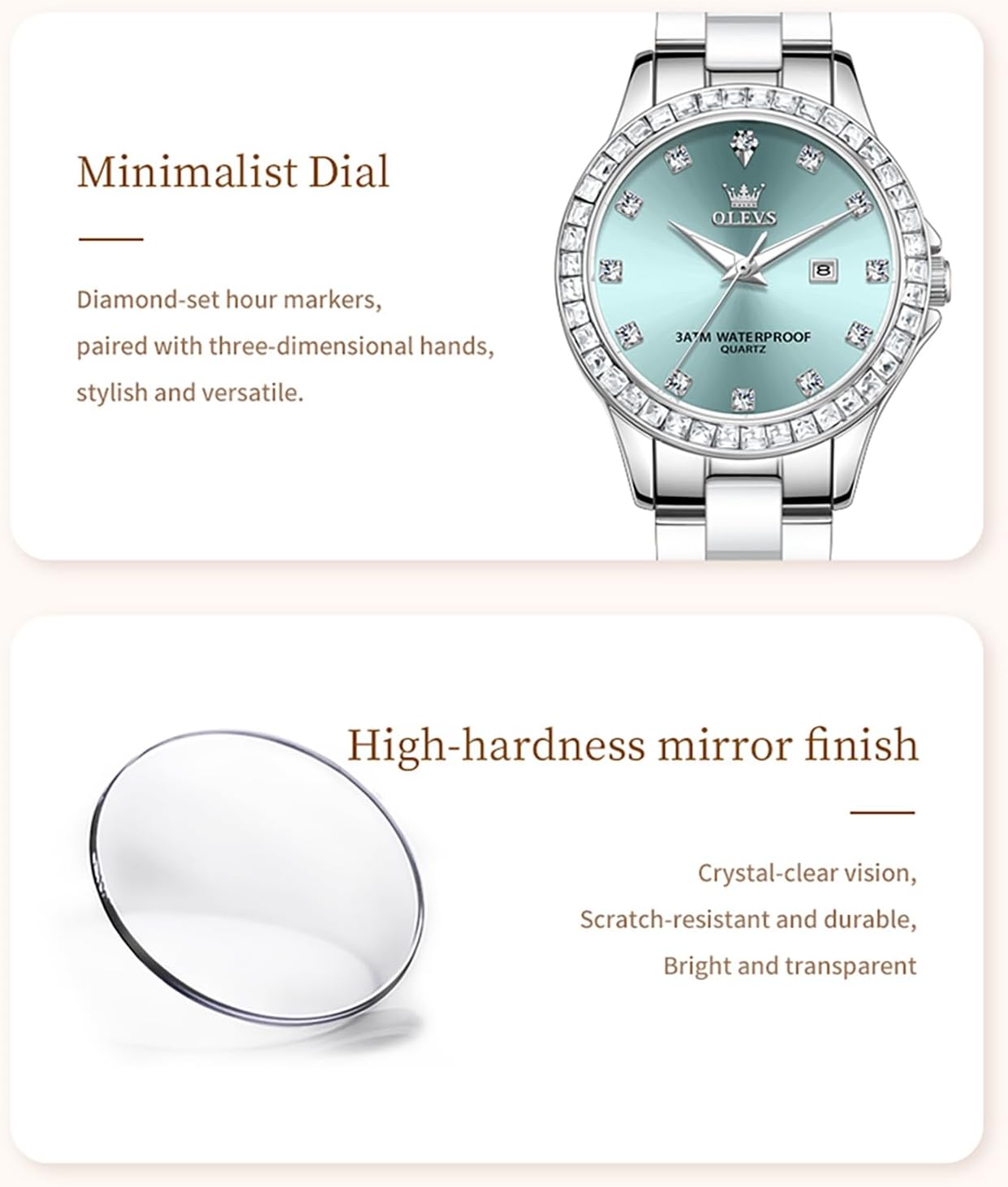 OLEVS Womens Watch Rose Gold Diamond Elegant Ladies Wrist Watch Stainless Steel Ceramic Two Tone Bracelet Waterproof Luminous