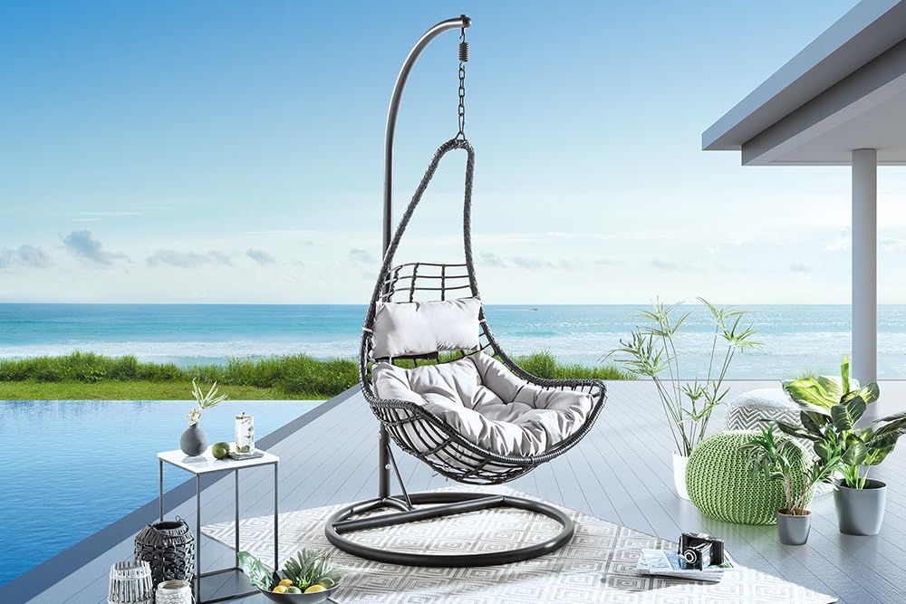 Outdoor Hängesessel LOFT Wide grau schwarz Hängestuhl inkl. Kissen wetterfest Gestell mit Sitzkorb Sessel Gartensessel