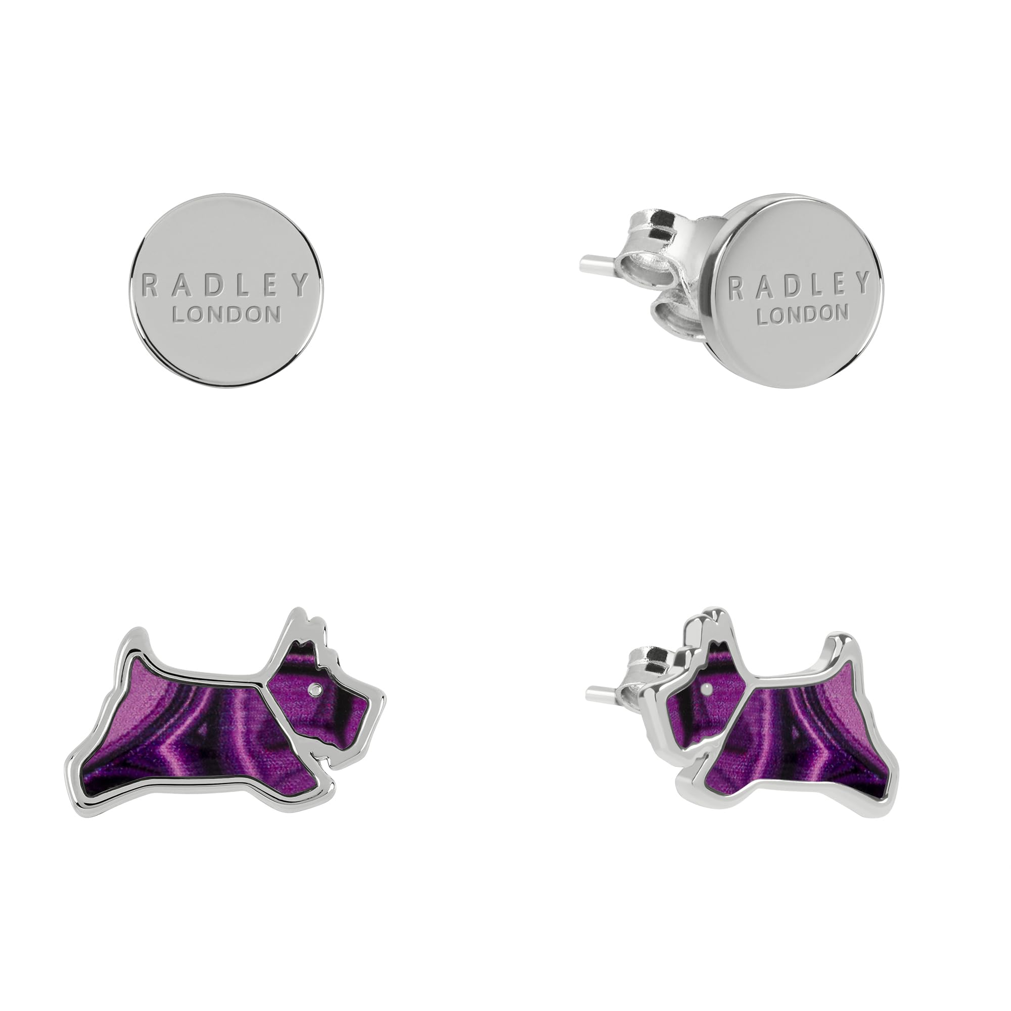 RADLEYLadies Dukes Place Silver Plated Round Disc and Purple Malachite Coloured Resin Jumping Dog Twin Pack Earring Set RYJ1385S