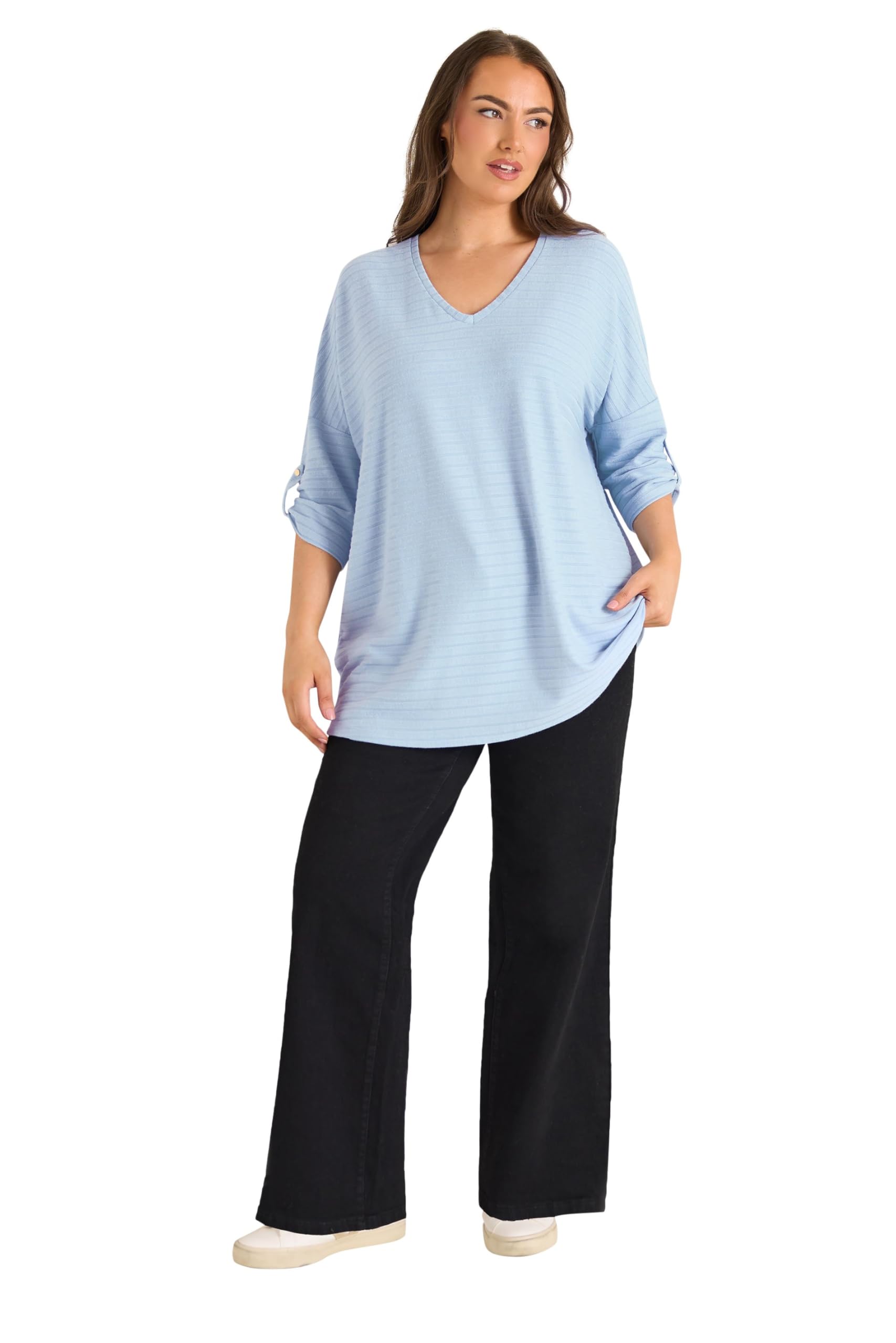 Evans Women's Light Blue Curve Tab Sleeve Ribbed Jumper - Plus Size Curve