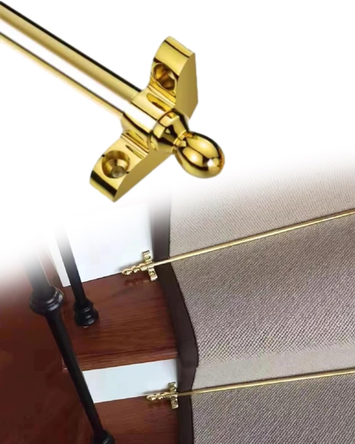 Bright Brass Stair Rods with Round Finials - 12mm Diameter Carpet Bars for Indoor Decor, Ideal for Theaters, Museums & Offices - 195cm (76.8in) Runner Rods