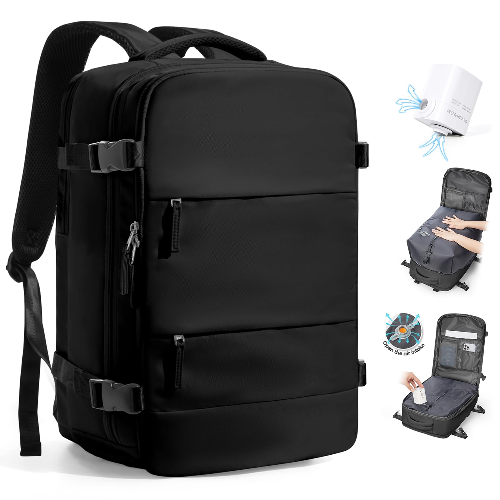 Vakuum Rucksack mit Pumpe Ryanair Handgepäck Wizzair Easyjet Großer Reiserucksack Flugzeug für Damen Herren, Wasserdichter Tagesrucksack Laptop Rucksack 14 Zoll, Schwarz
