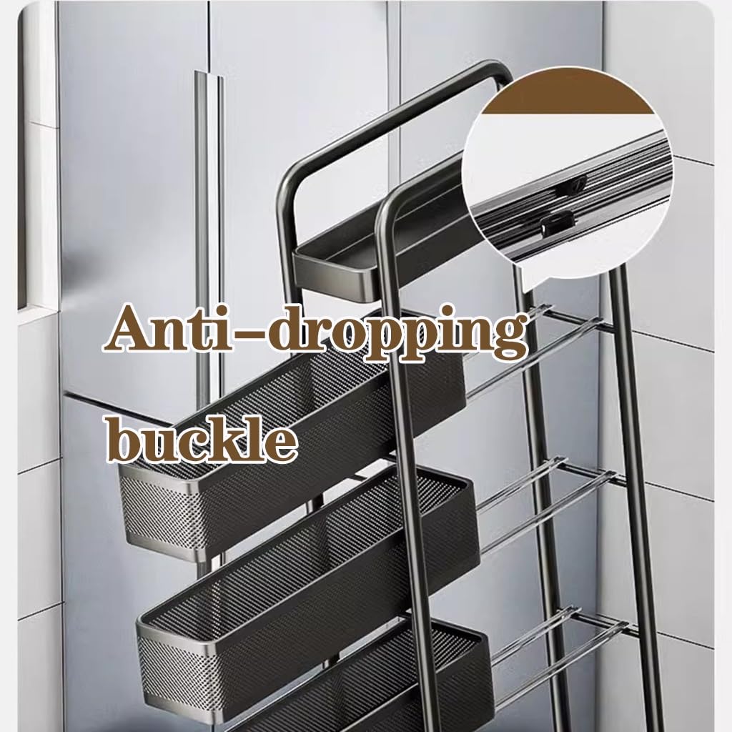 Carrello portaoggetti in Metallo a 5 Ripiani, Carrello Sottile con Ruote, Contenitore Estraibile con cestelli in Rete per spazi ristretti, scaffalatura Stretta per Bagno (Nero, 15