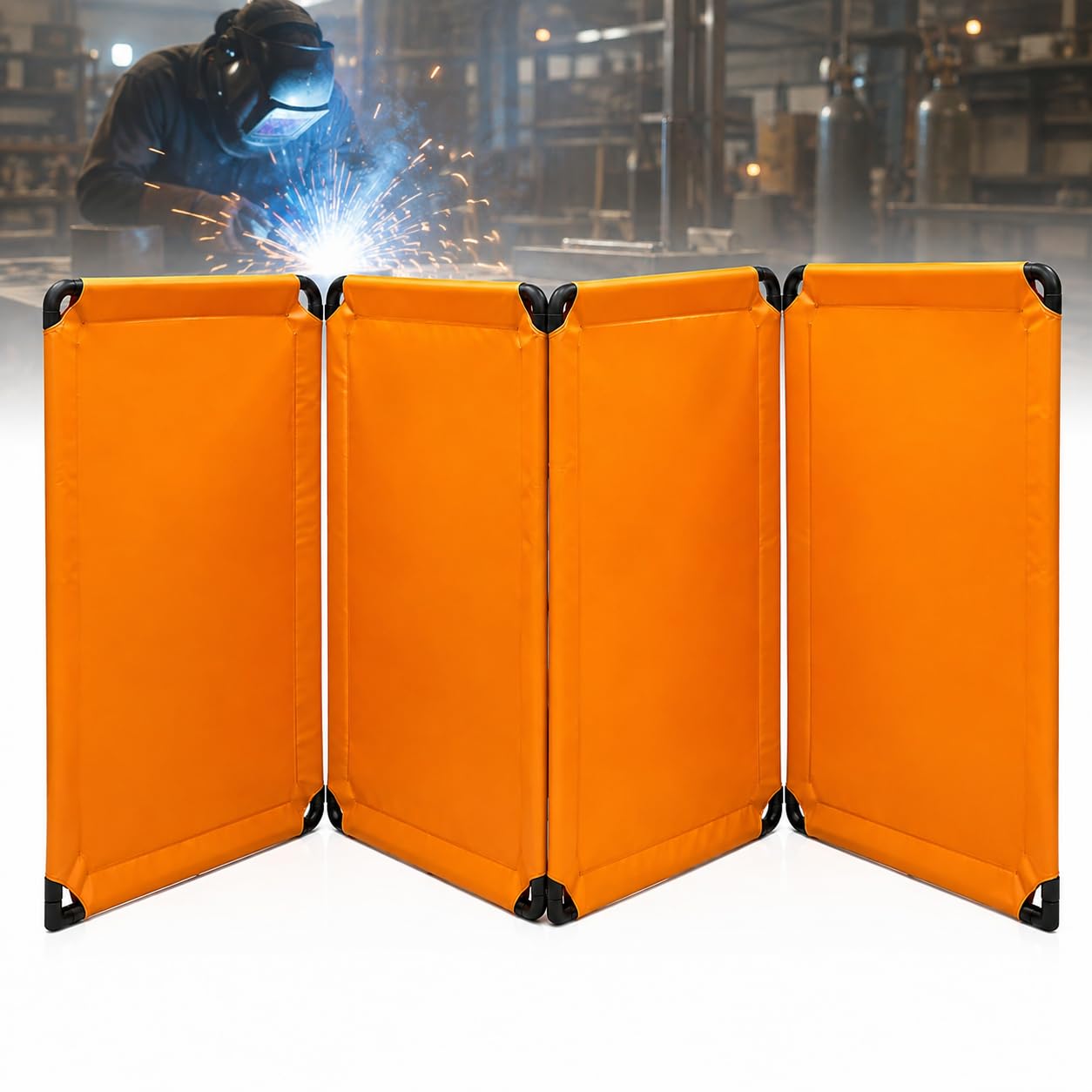 TsoLay Écran De Soudage avec Cadre, Protège des Étincelles Et De La Lumière, Rideau De Soudage À 4 Panneaux (110 X 58 Cm) pour Ateliers Soudage, Contrôles Techniques Automobiles Et Chantiers Navals