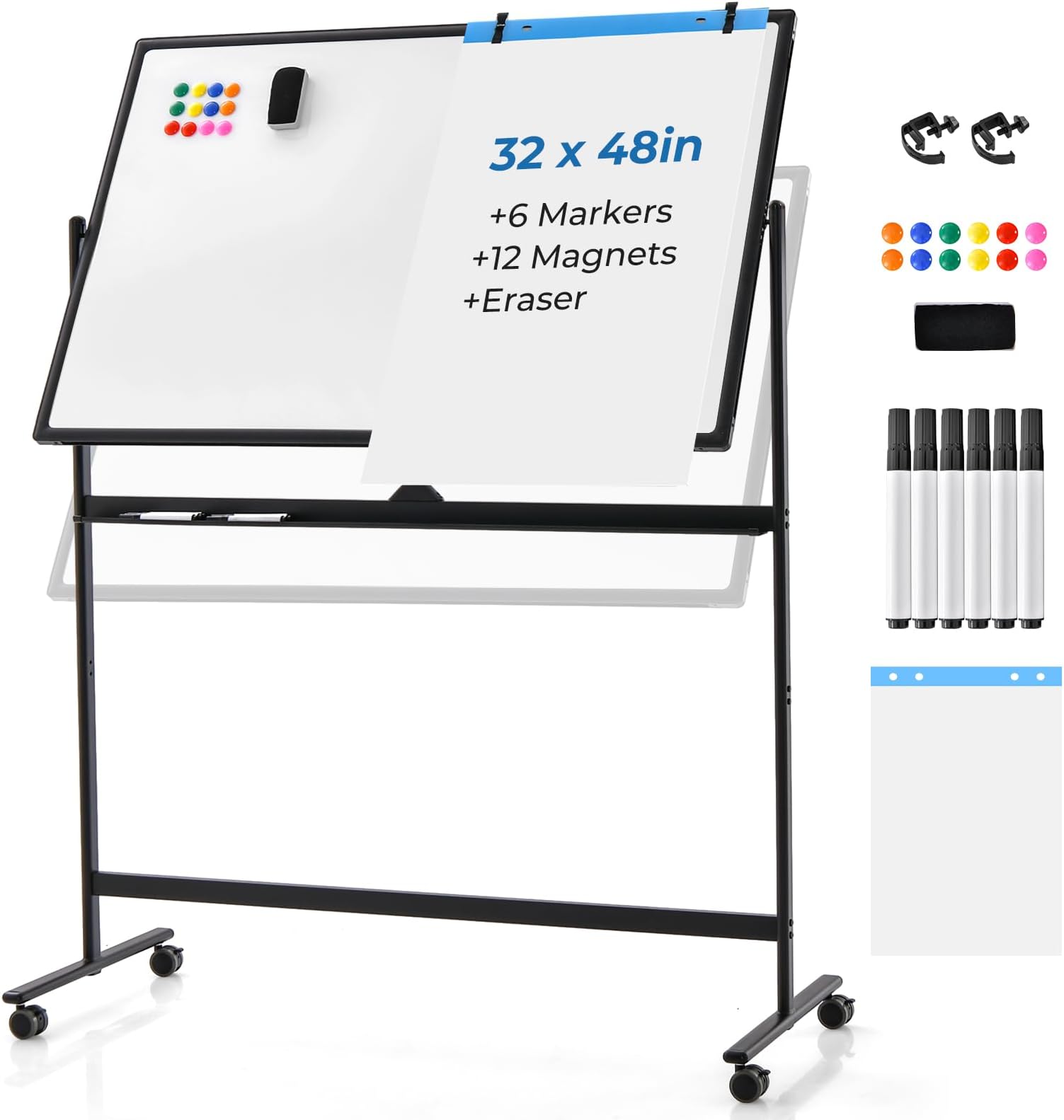 Tableau Blanc Mobile Double Face 120x60cm - Avec Roulettes Et Accessoires