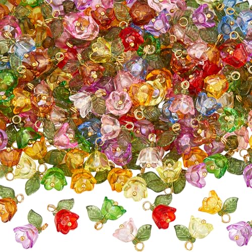 SUNNYCLUE 160Pcs Floral Acrylic Tulip Flower Charms Bulk Transparent Plastic Colorful Spring Flowers Charms for Jewelry Making DIY Crafting Necklaces Bracelet Anklets Adults