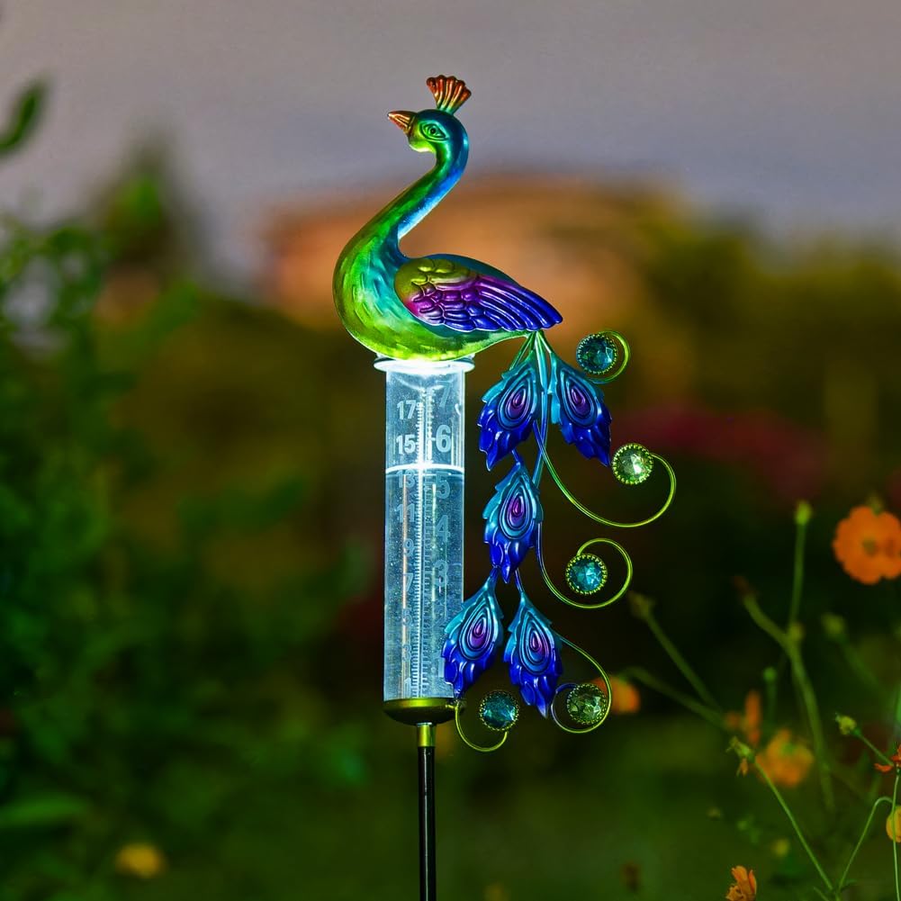 Venniy Peacock Rain Gauge Outdoor 36.6" Solar Powered Large Rain Gauges Freeze Proof Water Gauge with Metal Stakes Decorative for Garden,Lawns,Patio