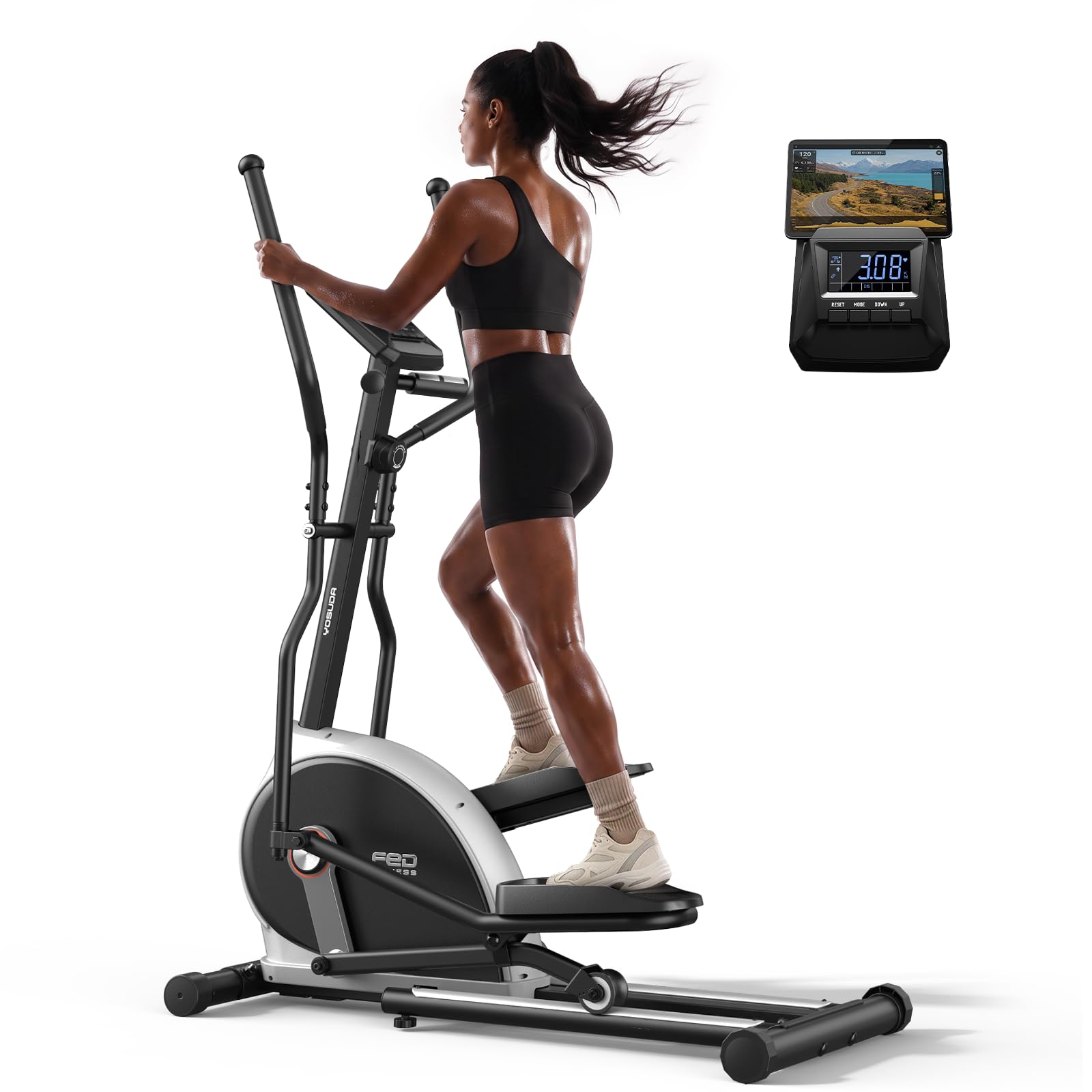 YOSUDA Crosstrainer für Zuhause,12° Neigung,16 Widerstandsstufen, 47 cm Trittfläche, 227kg Hohe Belastbarkeit, Extrem leiser Ellipsentrainer, Display mit Hintergrundbeleuchtung, Transportrollen