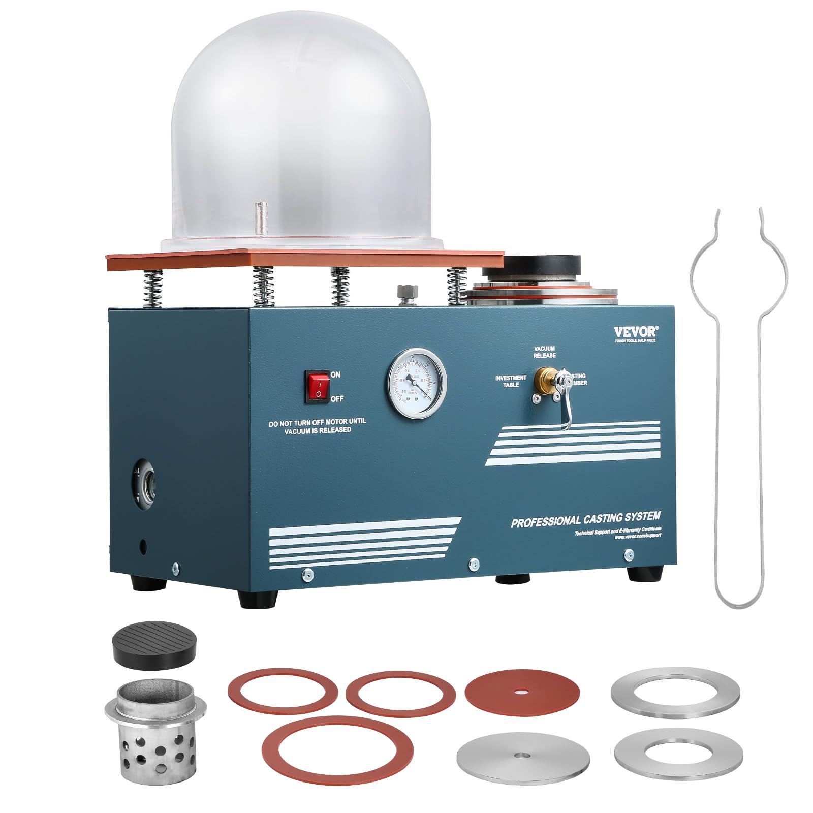 VEVOR Macchina per Fusione Sotto Vuoto, Potenza 290 W Macchina Centrifuga di Colata Gioielli con Pompa e Campana di Vetro, Comoda Porta di Iniezione dell'Olio, Banco da Lavoro 280 x 280 mm