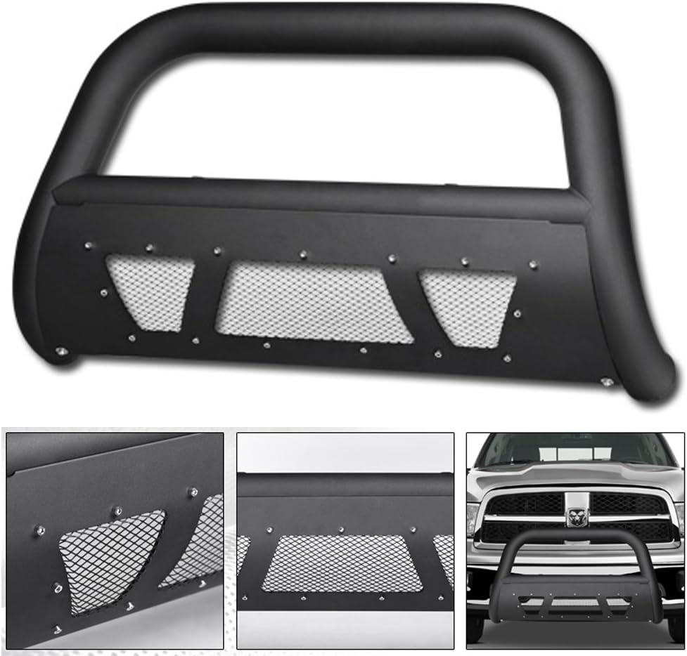2009-2018 Dodge Ram 1500 Matte Black Studded Mesh Bull Bar Brush Push Front Bumper Grill Grille Guard with Skid Plate