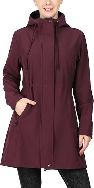33,000ft Women's Softshell Long Jacket with Hood Fleece Lined Windproof ...