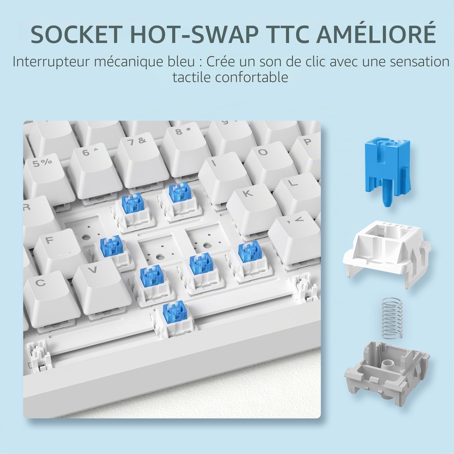 ATTACK SHARK Ajazz AK820 Clavier mécanique avec bouton de commande CNC, 75 % de montage sur joint et clavier de jeu filaire USB détachable pour Windows/Mac, lumière bleue, NKRO, interrupteur à clic