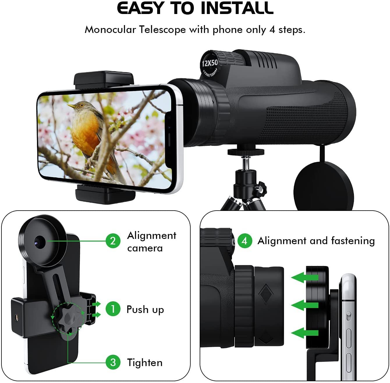 Monoculaire T8-12x Zoom monoculaire avec vision nocturne,Télescope adulte avec BAK4 HD FMC avec adaptateur et tripod,Petit télescope pour l'observation des oiseaux, le sport et plus encore,Cadeau