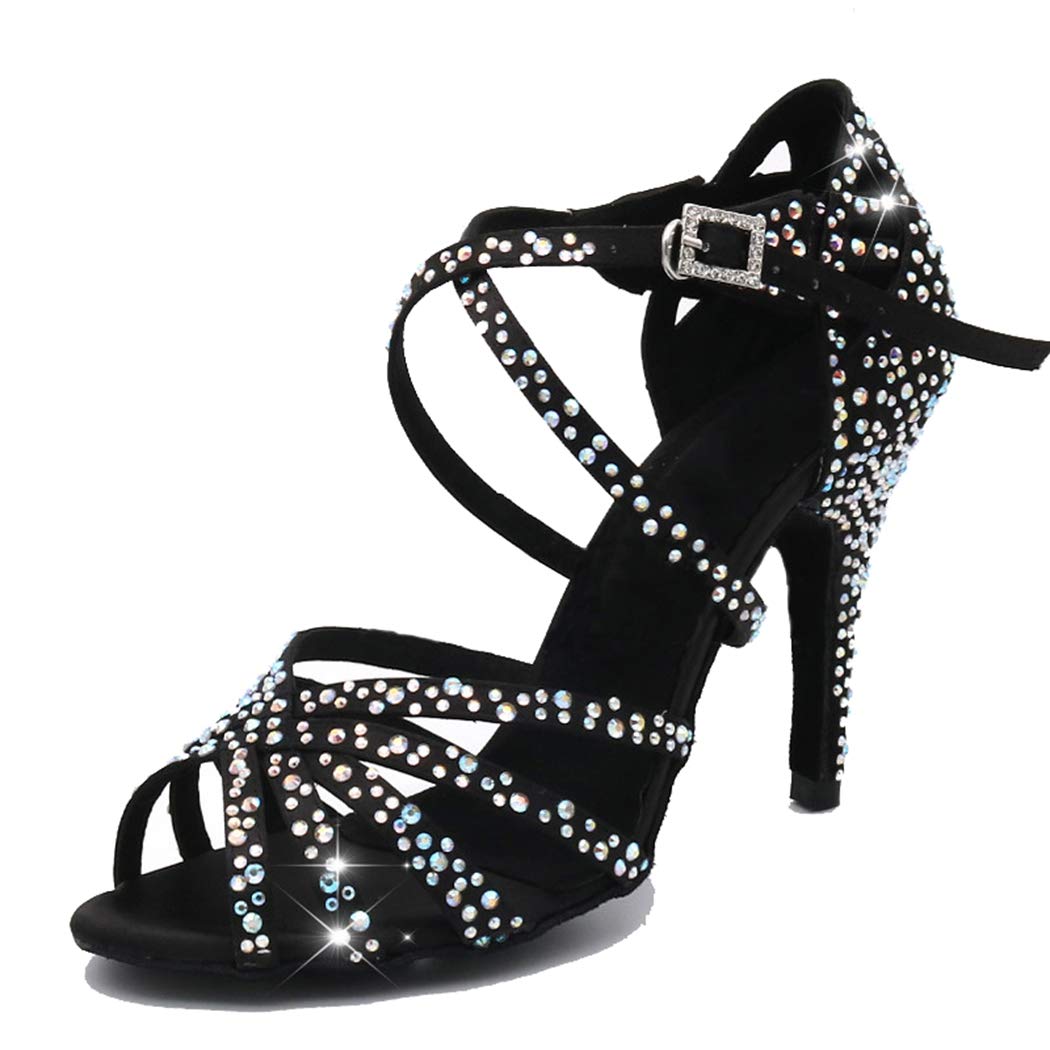 Sandalias de baile moderno latino con correa cruzada para mujer, con diamantes de imitación de tango social, bailes, Tacón marrón de 9 cm. — view 13