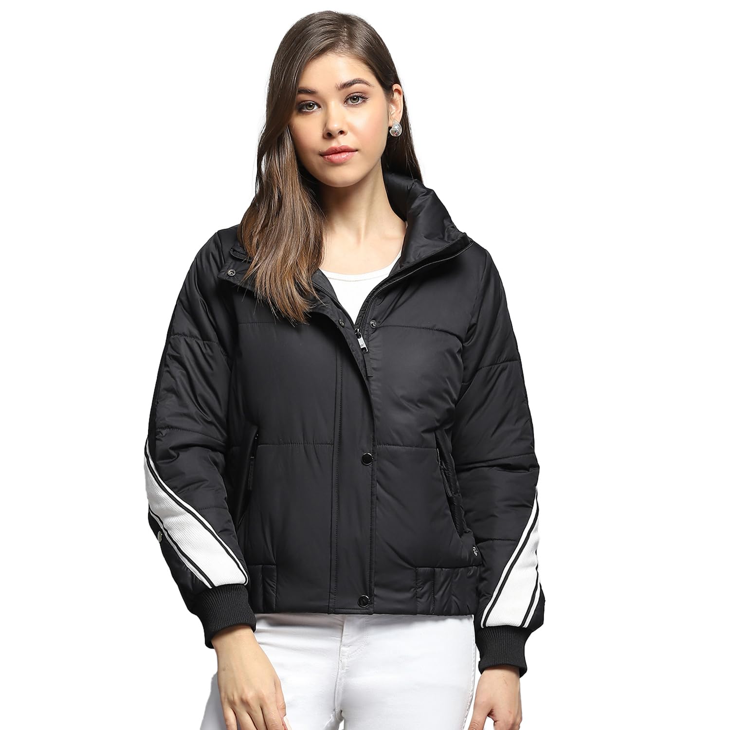 Womens Solid Black Collar Neck Full Sleeve Jacket