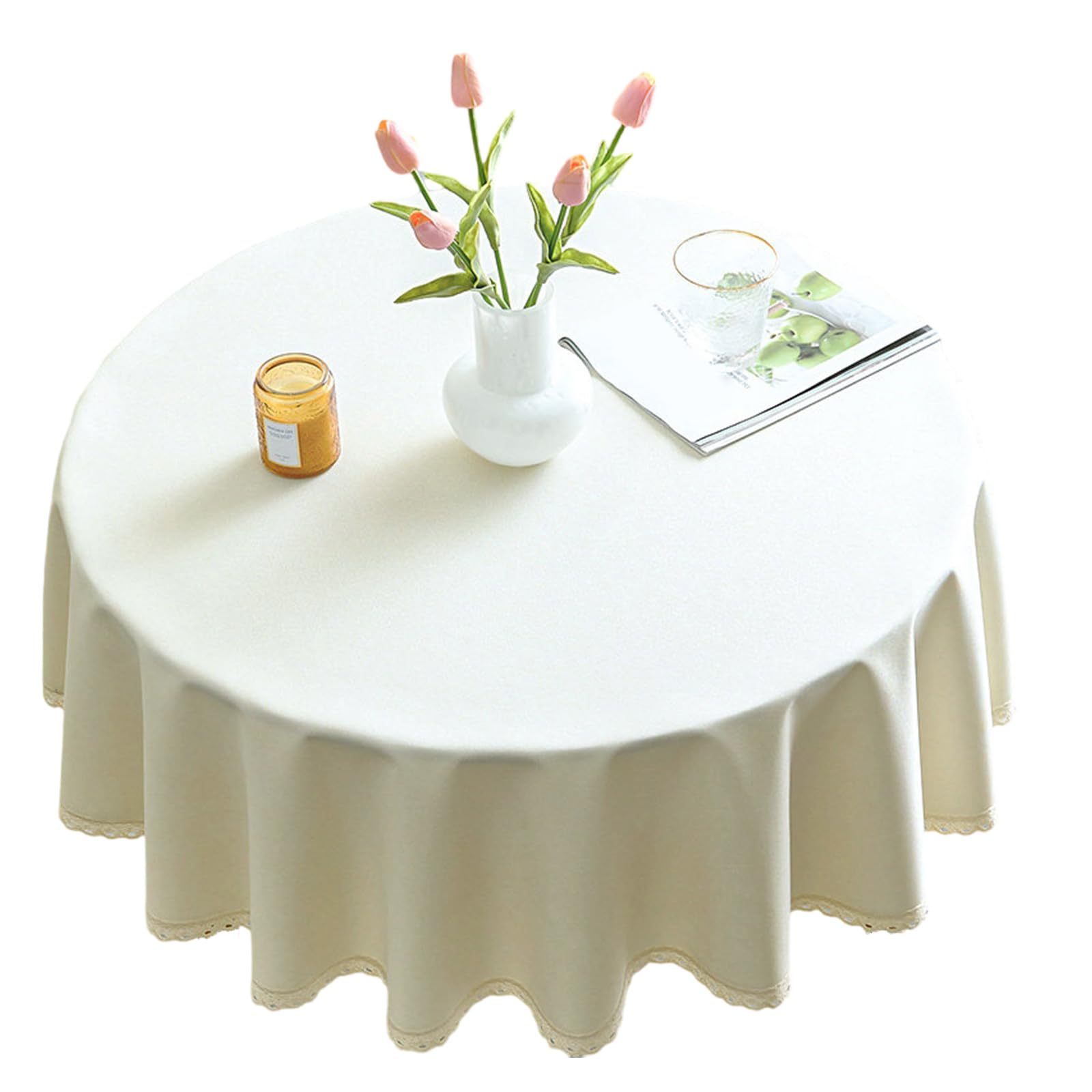 Carotoe Light Beige Round Waterproof Table Cover For Kitchen Dining Oilproof Easy Maintenance Tear Resistant Home Decoration Oil Resistant Polyester Tablecloth