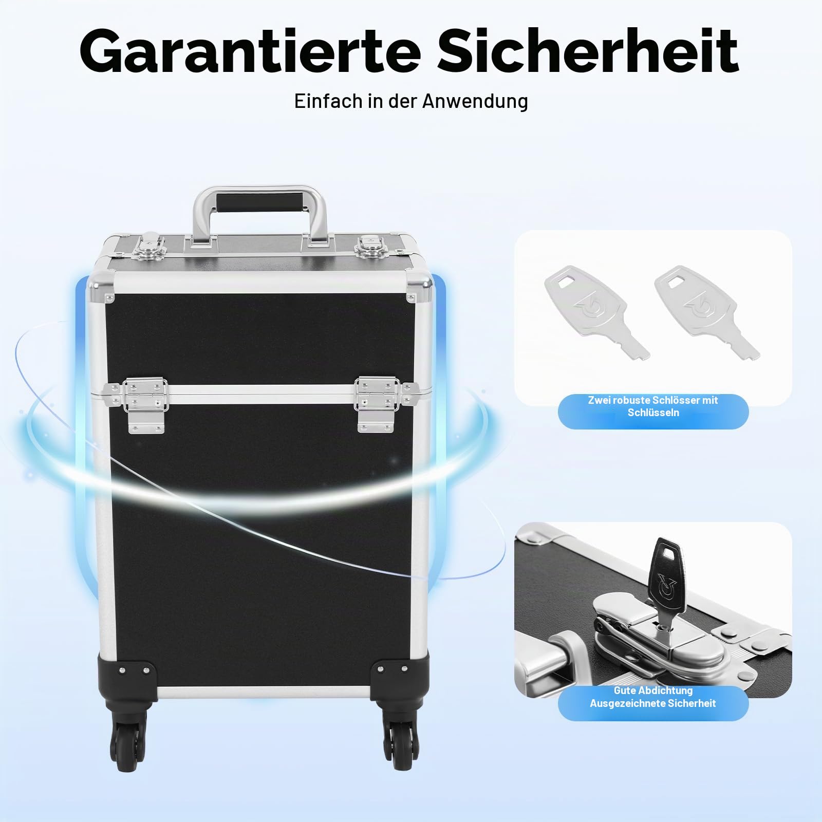 Kosmetikkoffer Trolley, 3-in-1 Schminkkoffer mit Faltbares Tablett und Rädern, Multifunktional Große Kosmetik Make up Koffer, Schminkkoffer für Reise, Friseure, Visagisten (Schwarz)