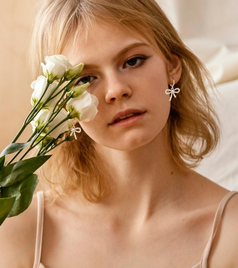 SweYone Pearl Bow Hoop Earrings for Women, Dainty Faux Pearls Drop Earrings, Cute Bowknot Hoops, Lightweight Gold Plated Copper Earring, Gift for Her - Image 5