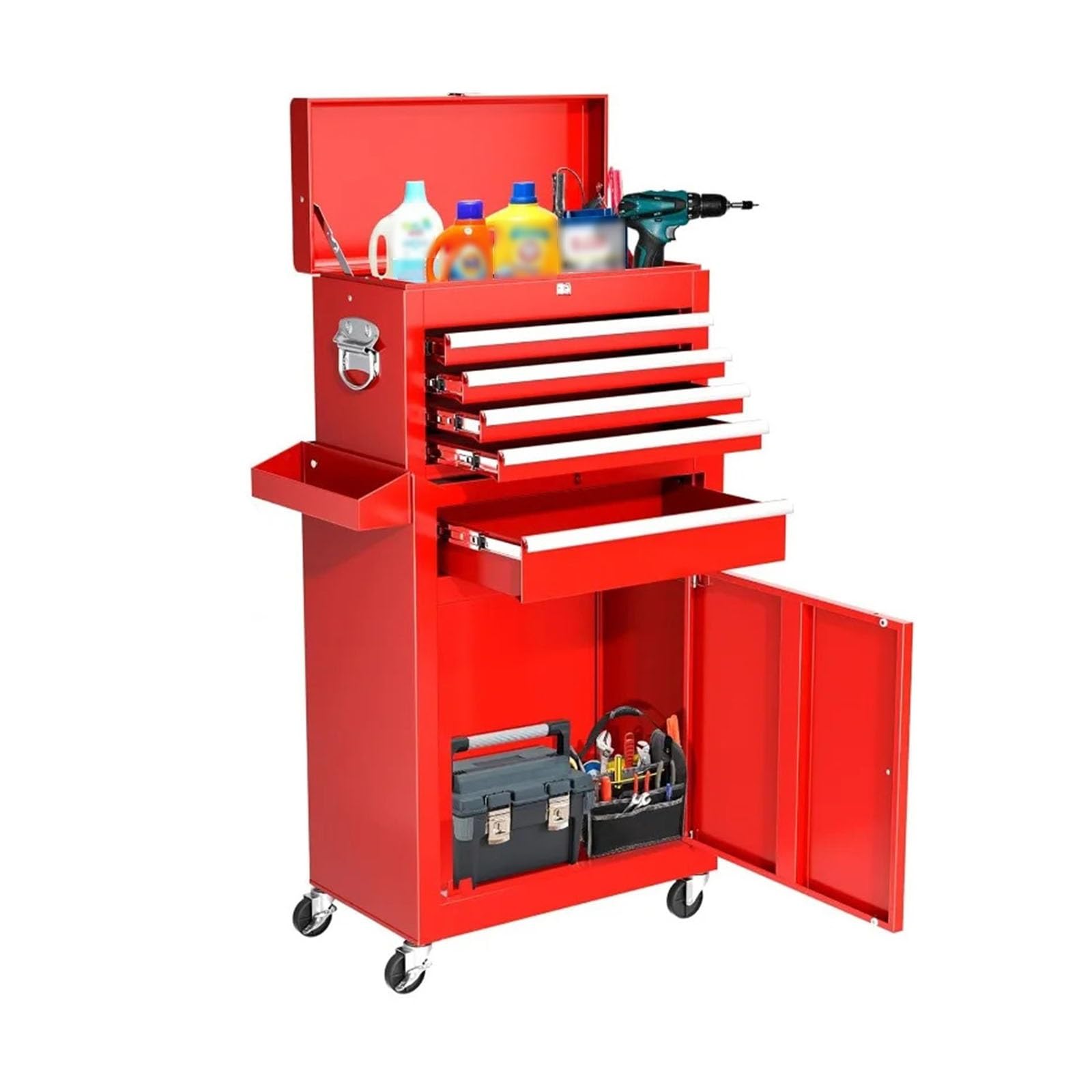 Portable Rolling Tool Chest with Detachable Top Box and Lockable Wheels | Heavy Duty Cabinet with Drawer Liners, for Garage, Warehouse & Repair Shop Storage and Toolbox(Red)
