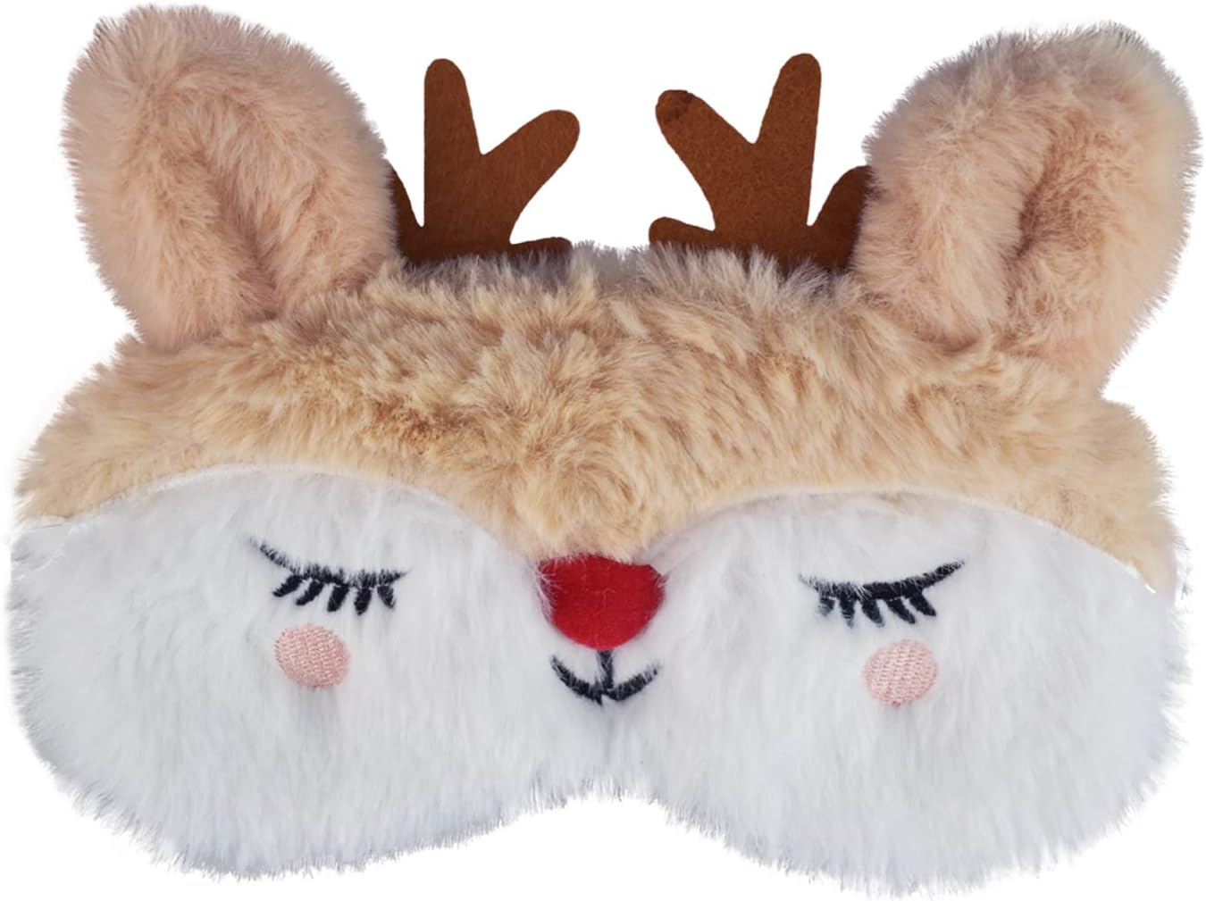Ulife Mall Cute 3D Christmas Reindeer Kids Eye Masks, Fluffy Soft Silk Plush Christmas Reindeer Sleep Eye Mask Plush Cartoon Eye Cover Novelty Personalised Travel Blindfold for Girls Boys- Beige&White