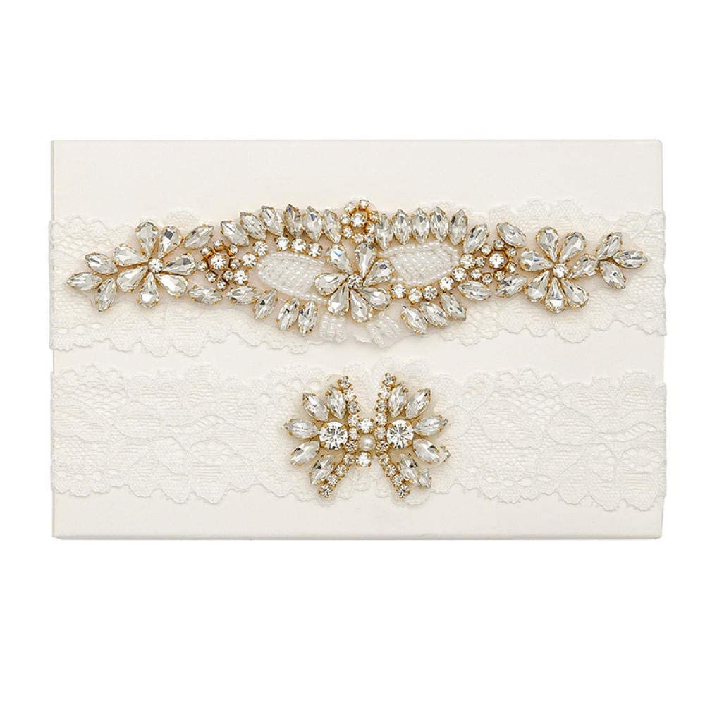Giarrettiera da Sposa in Pizzo Floreale, Accessori da Sposa da Sposa Cintura Giarrettiera in Strass di Pizzo Elasticizzato-Bianco, Giarrettiera in Pizzo con Nastro di Raso (Bianco M) (Oro L)