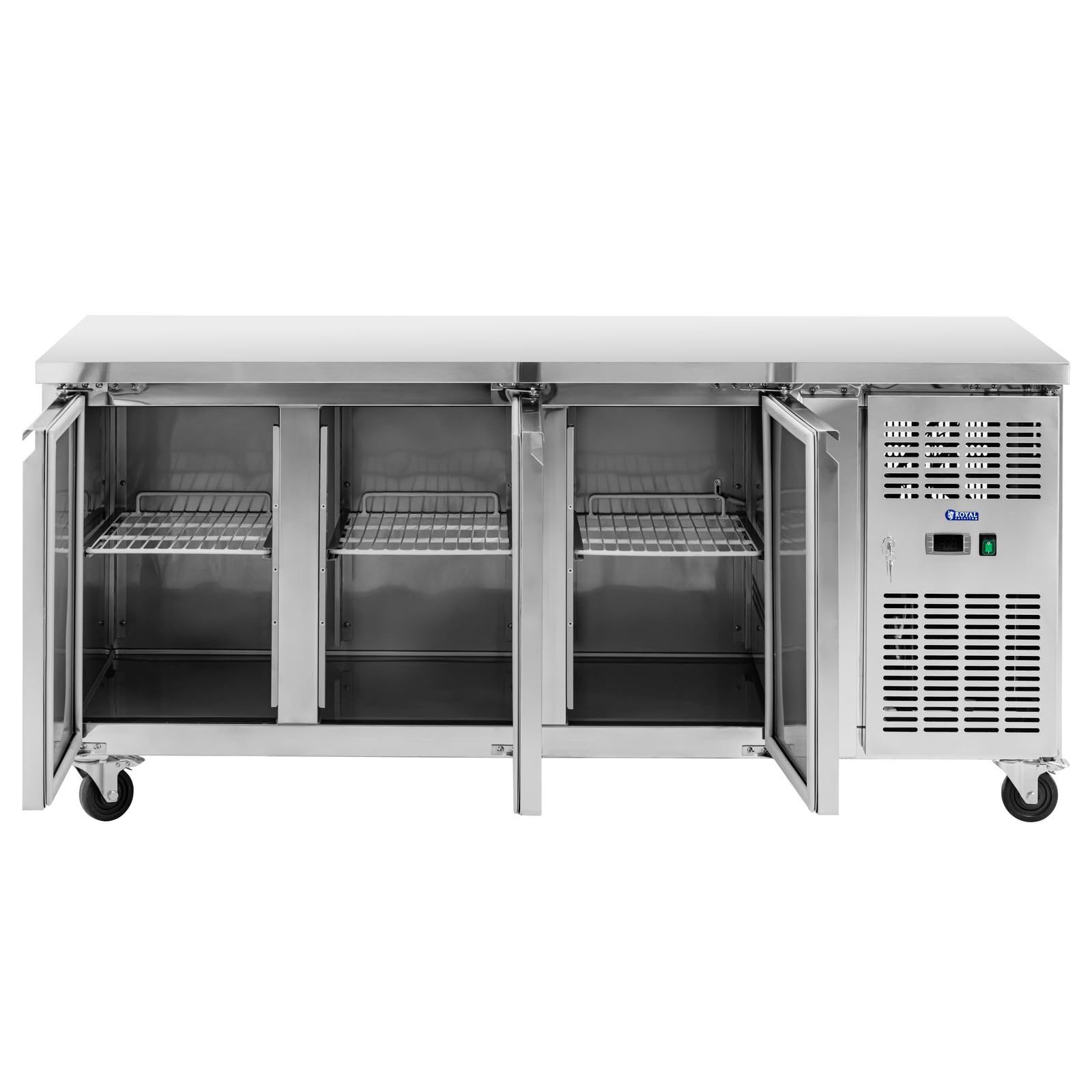 Royal Catering Mesa Refrigerada de 410 L y 179,5 x 70 cm con Ruedas y 3 Compartimentos Clase B en Acero Inoxidable Bajomostrador con refrigeración Mostrador refrigerado para hostelería