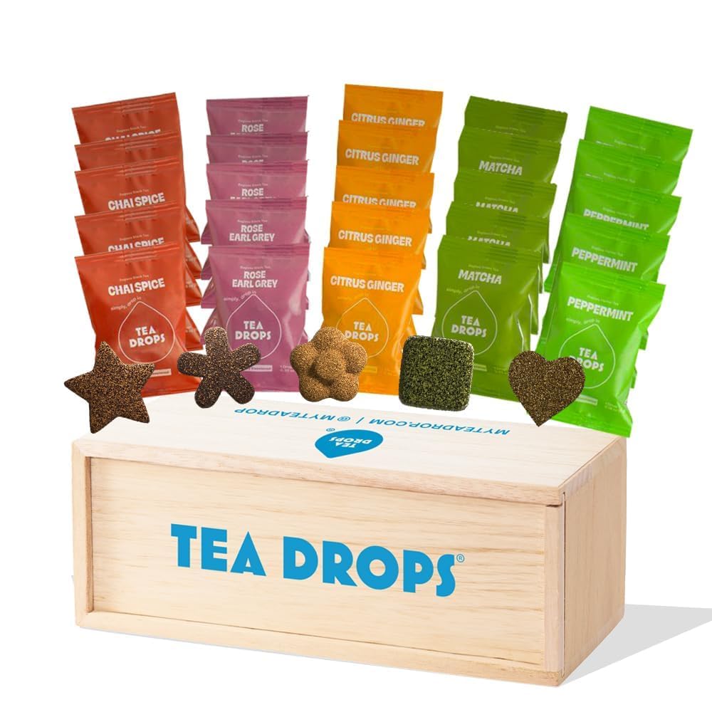 Tea Drops Sampler Box 25 Count | Organic Dissolvable Loose Leaf Tea | Iced or Hot | Microplastic-Free | Naturally Sweetened Organic Chai, Rose Earl Grey, Citrus Ginger, Peppermint, Matcha | 25 Servings - 5 Per Flavor
