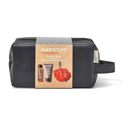 Man Stuff Toiletries Travel Wash Bag Filled Shower Gel Shampoo Body Sponge Gift Set Mens Leather Travel Bag