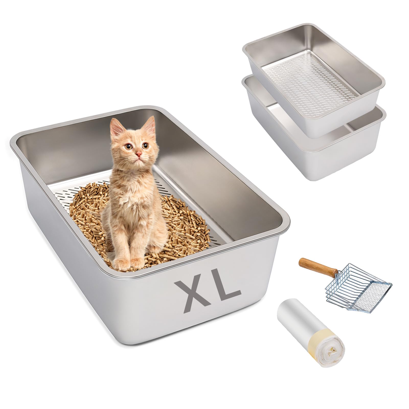 Stainless Steel Sifting Cat Litter Box, XL High-Sided, Anti-Leakage, Easy Clean, 23.6" L x 15.9" W x 8" H，Includes Scoop & Liner, Ideal for Big Cats & Pine Pellets