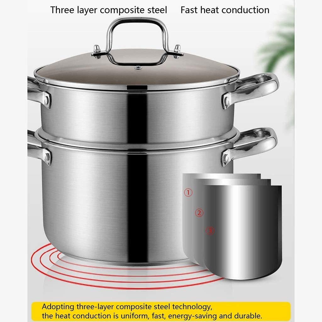 Vaporera de Acero Inoxidable, Juego de vaporera Profesional de Acero Inoxidable, sartenes de inducción con Tapa de Vidrio Templado y Asas Resistentes al Calor