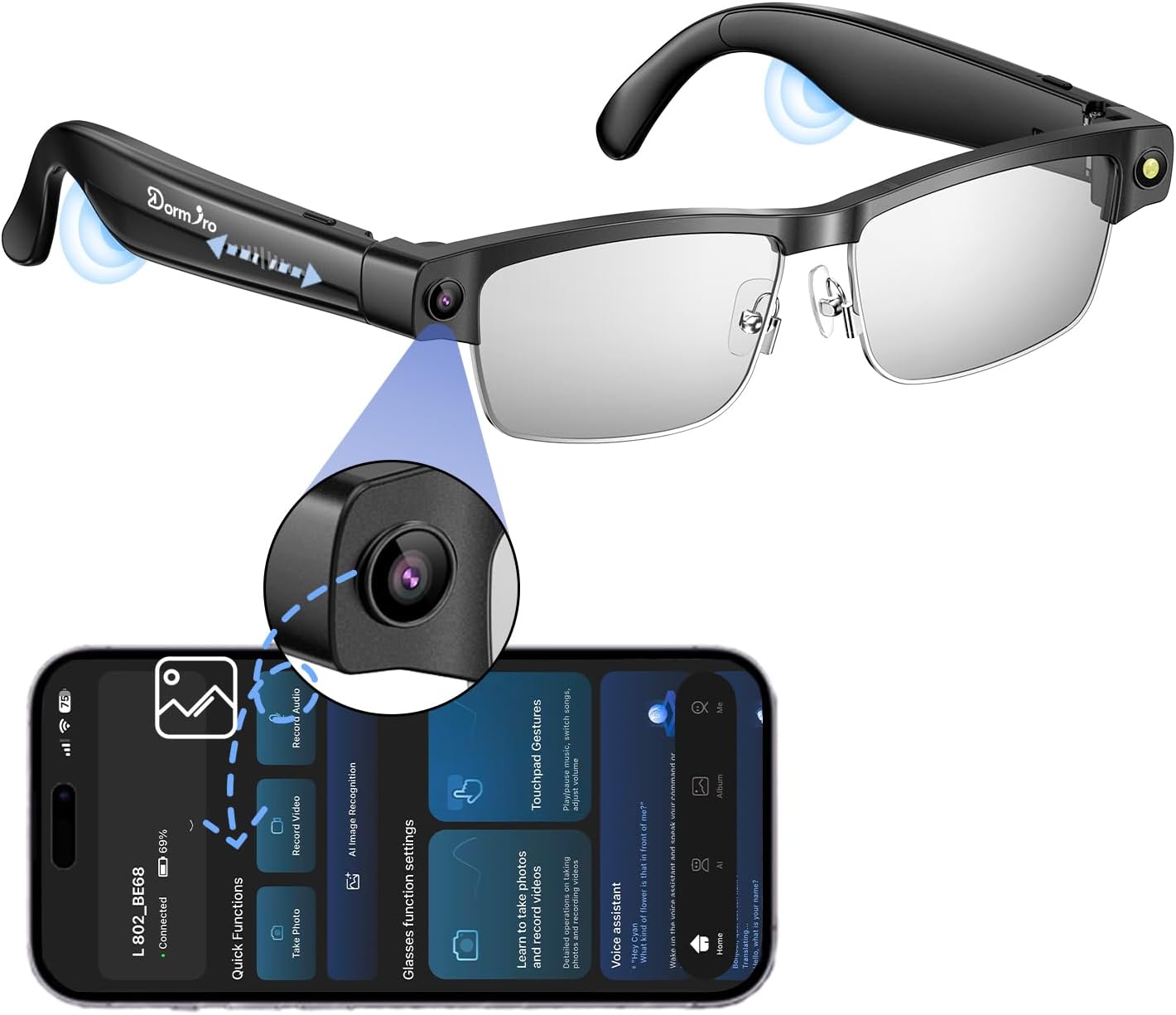 Domiro Digital camera Glasses, Sensible Glasses with Digital camera and Bluetooth for Males/Girls 8MP 4K HD Video Recording Anti-Shake 32G Assist Chart GPT,WiFi,AI Voice Assistant,Translate,Music