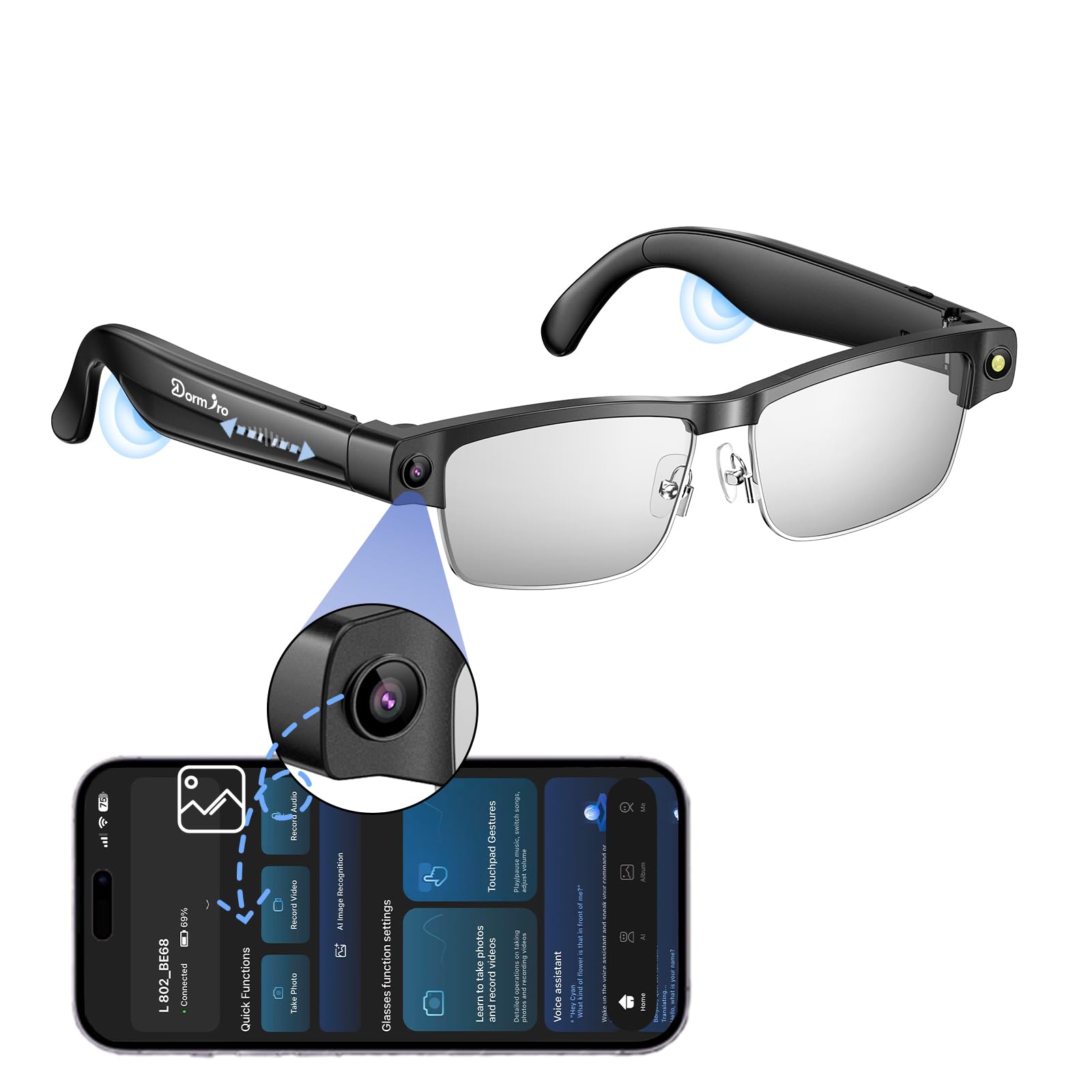 Camera Glasses, Smart Glasses with Camera and Bluetooth for Men/Women 8MP 4K HD Video Recording Anti-Shake 32G Support Chart GPT,WiFi,AI Voice Assistant,Translate,Music-image-2