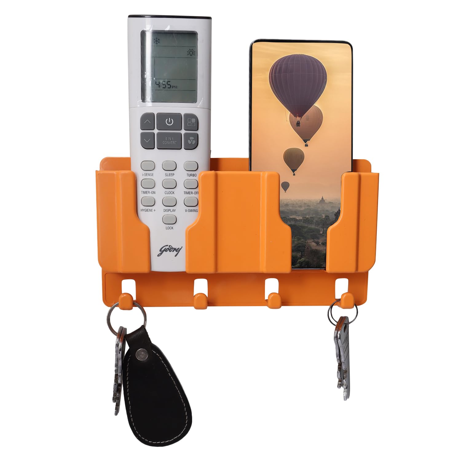Plastic Wall Mount Mobile Holder with Remote Control Storage Racks, Key Hanger, Pen Holder Space/Self-Adhesive/Multi Purpose Accessories (Orange)-image-39