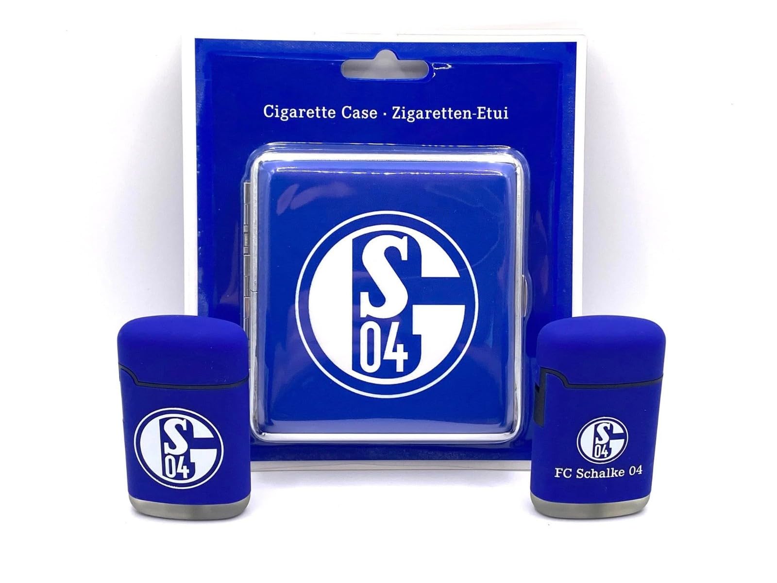Schalke 04-2X Jet Sturmfeuerzeug mit Zigarrettenetui im Set blau weiß mit Logo