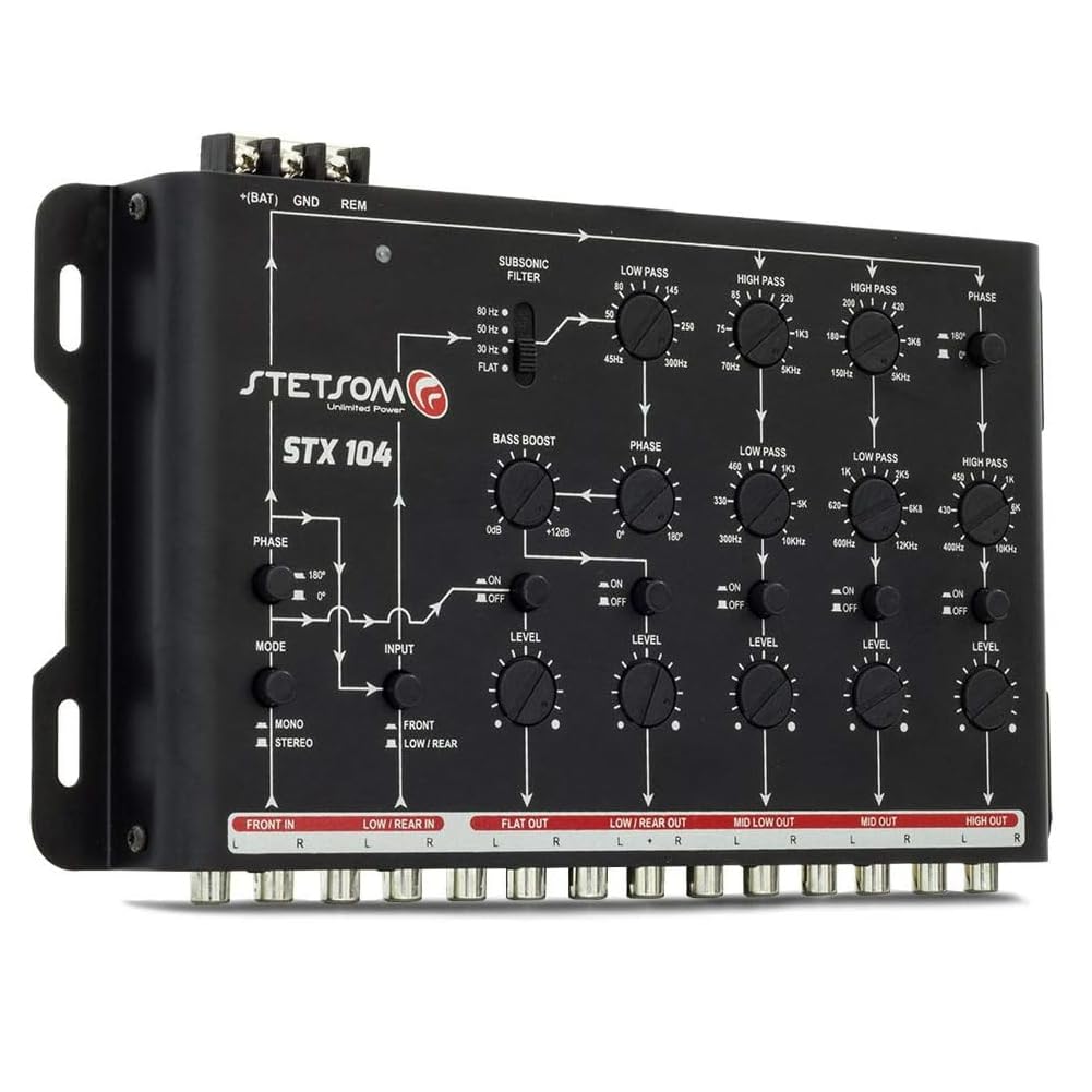 Kit Set para Stetson STX104 1 Crossover electrónico de 5 vías, Ecualizador, 4 entradas, 5 Salidas, con Refuerzo de Graves y Filtro subsónico, para Coche, 1 Pieza