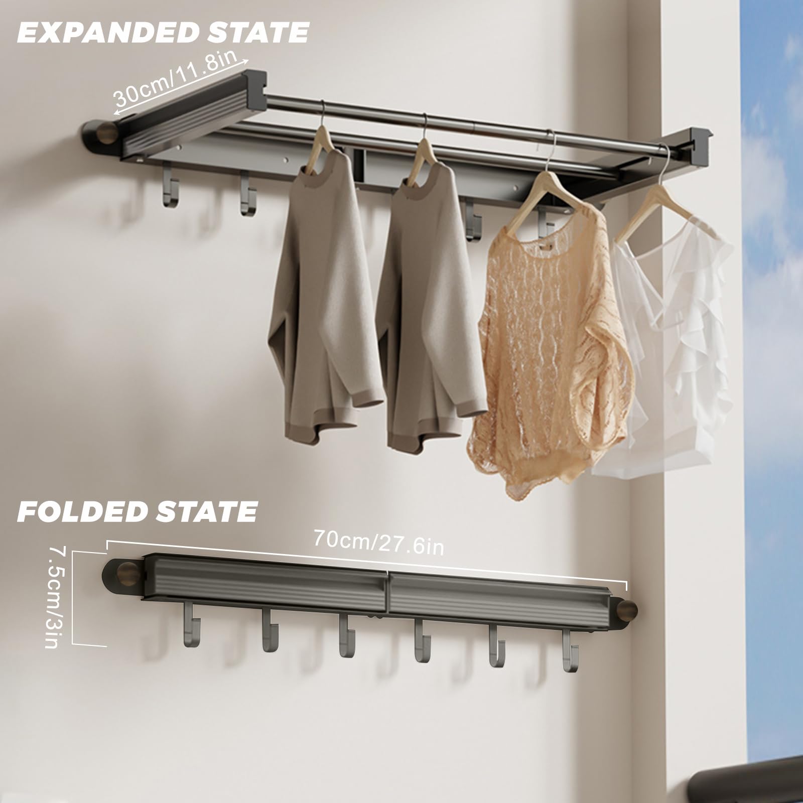Tendedero Pared Plegable con Barras y 6 Ganchos Compacto Ahorro de Espacio,Compacto Ahorro De Espacio Instalación Dual (Pegamento o Taladro), 70cm para Interior/Exterior Negro Grisáceo
