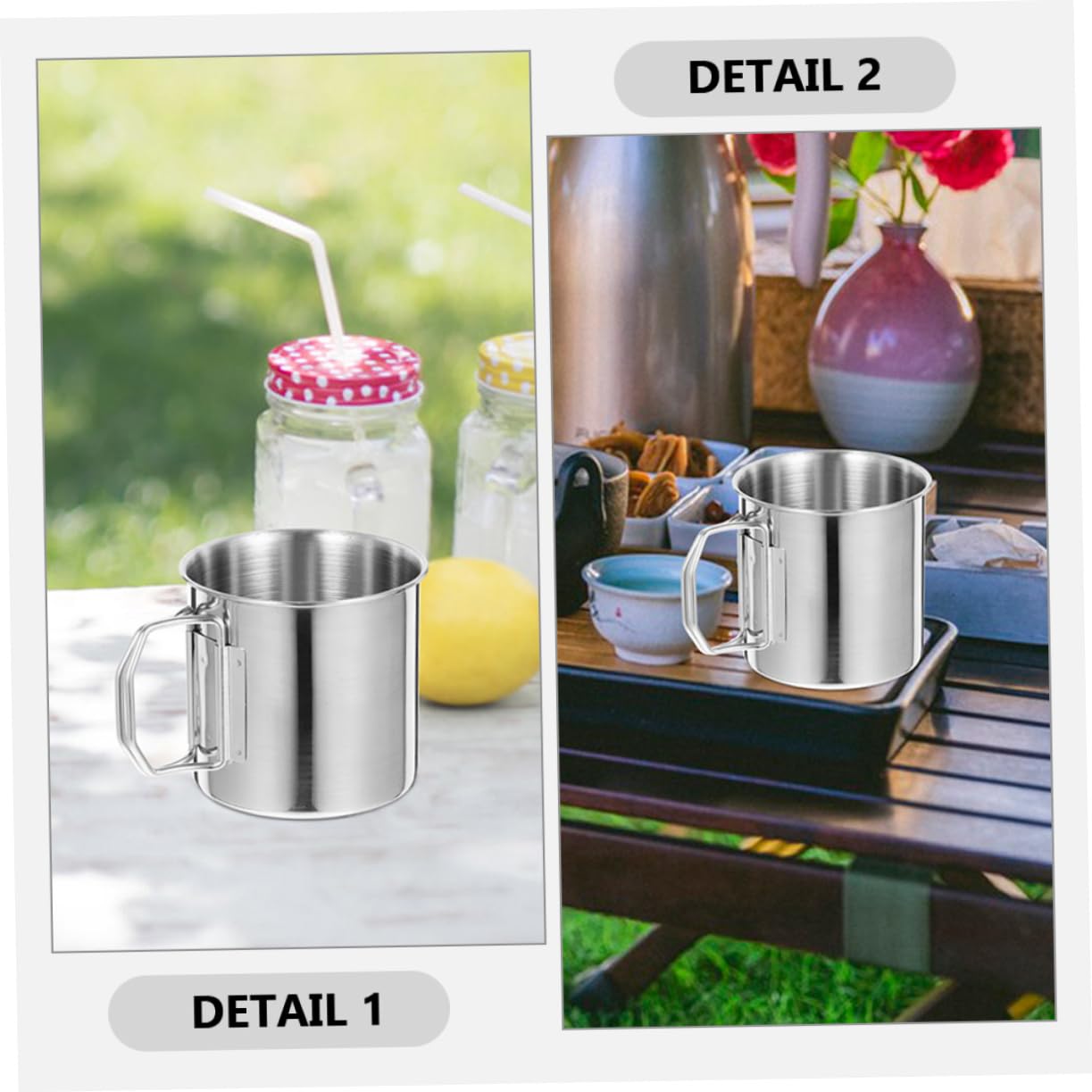 Taza para Beber con Asa Plegable 2 Piezas de Acero Inoxidable Plata