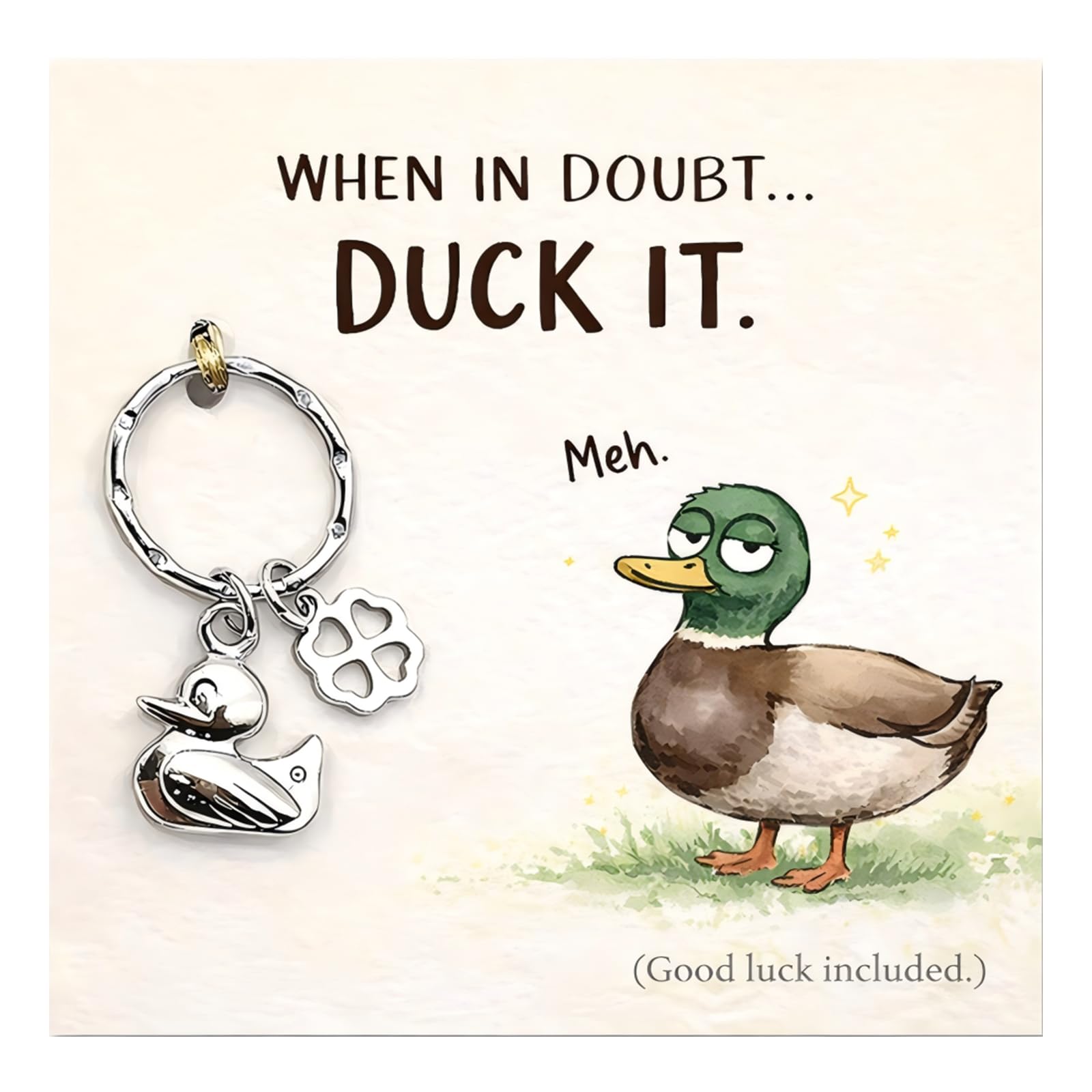 Virelle Funny Good Luck Duck Keyring & Card Gift Set with Four Leaf Clover Charm, Encouragement Present for Exams, New Job, Birthday,Driver,Easter Small Positivity Gift for Women Friends