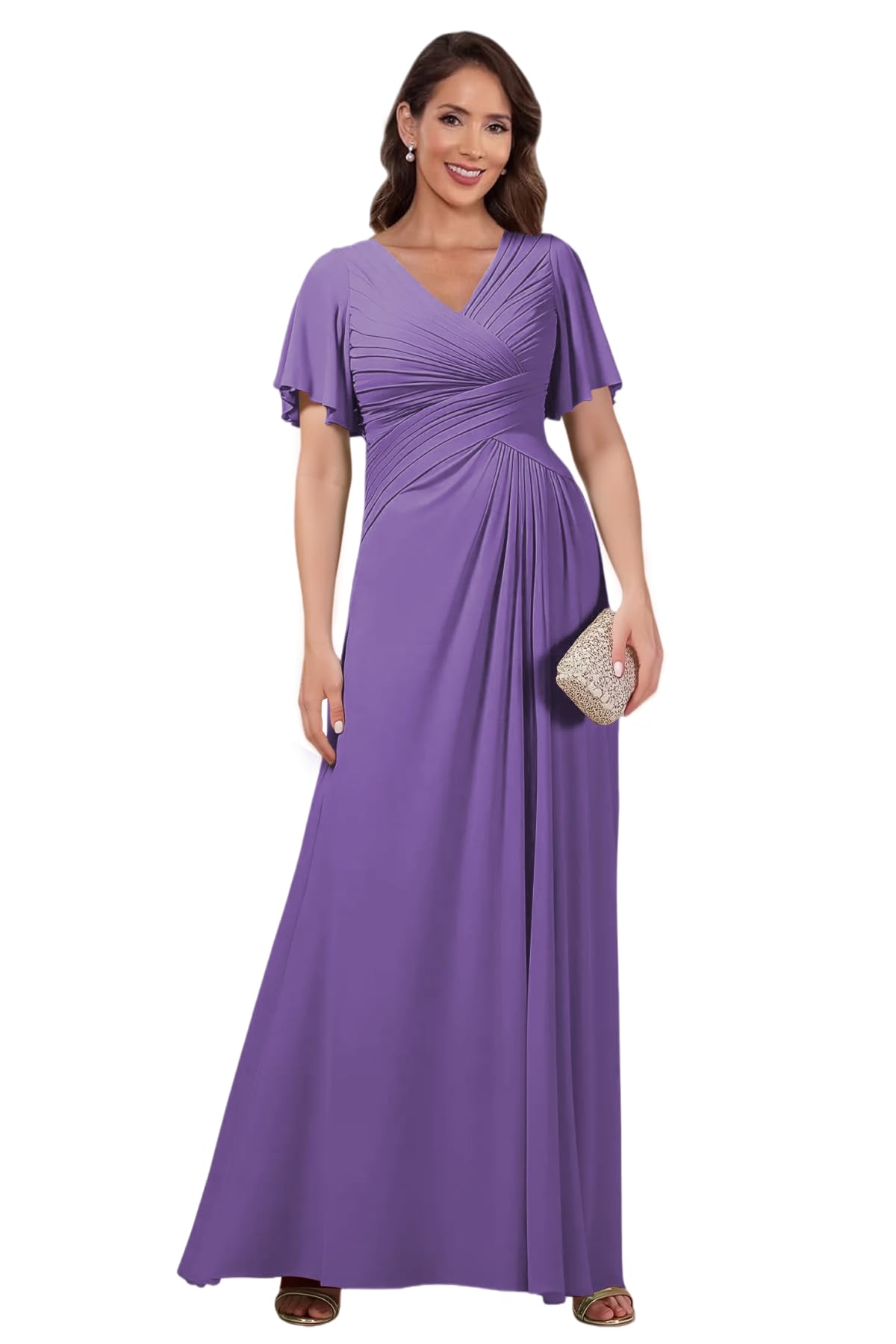 Short Sleeve Mother of Bride Dresses Long Pleated Chiffon Formal Dress Empire Waist A Line Wedding Guest Dress