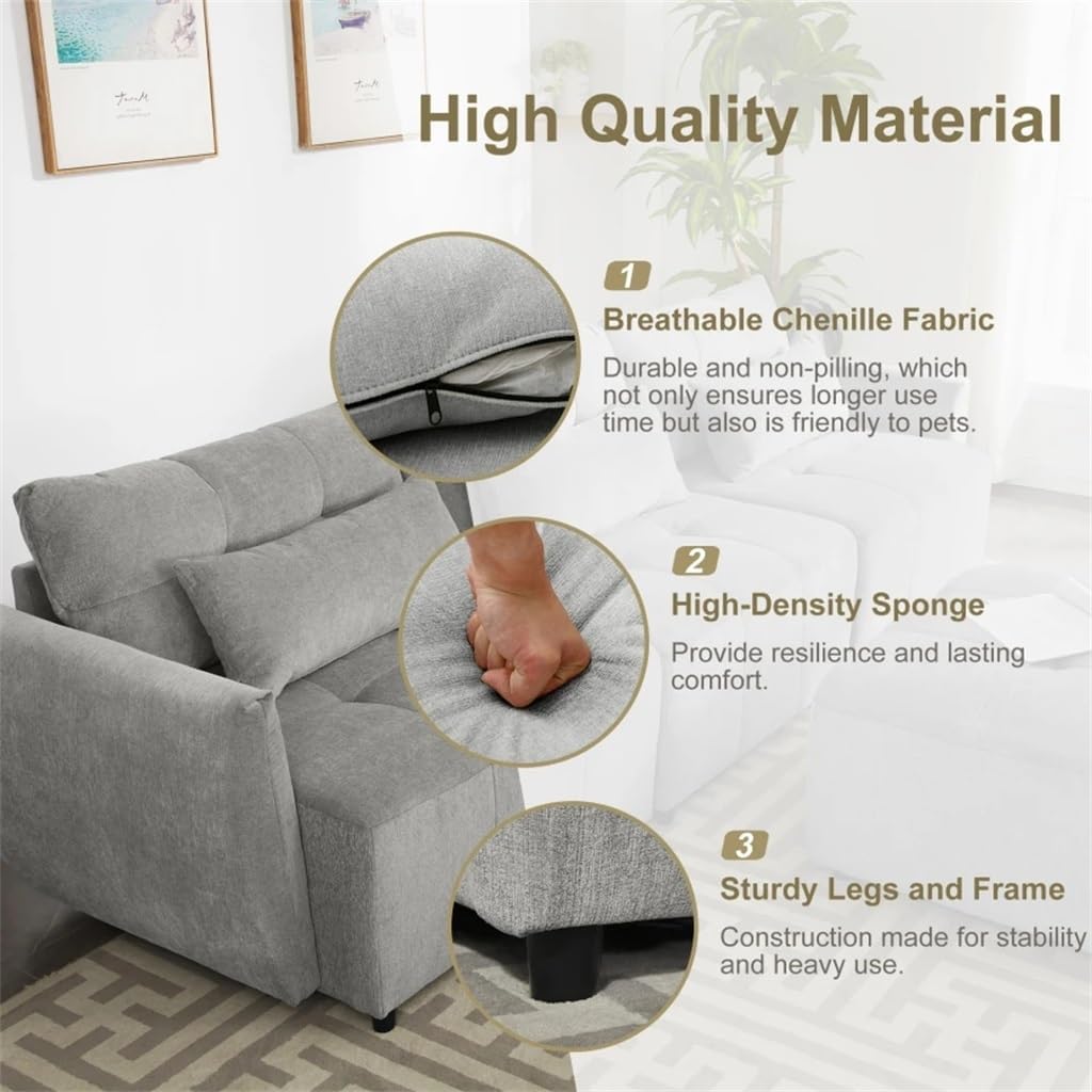 113.3" Couch, 3-Seat L-Shaped Sofa with Movable Ottoman and,Convertible Sectional for Apartment,Living Room,Gray