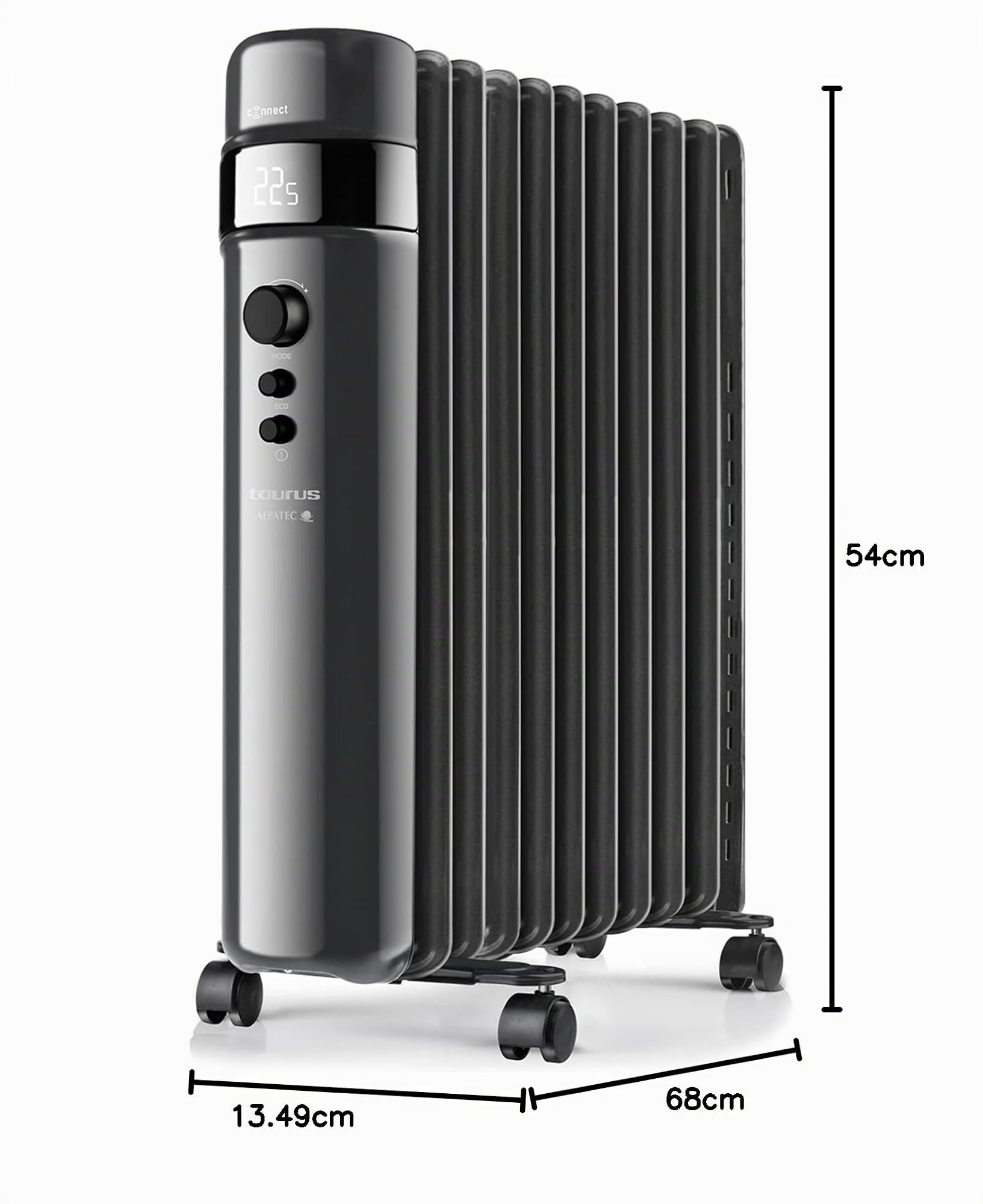 Taurus Agadir 2500 CONNECT - Radiador de aceite. Radiador eléctrico. Pantalla digital. Temperatura ajustable. Temporizador 24h. 3 niveles de potencia + modo ECO. Ruedas. 2500W. Silencioso.