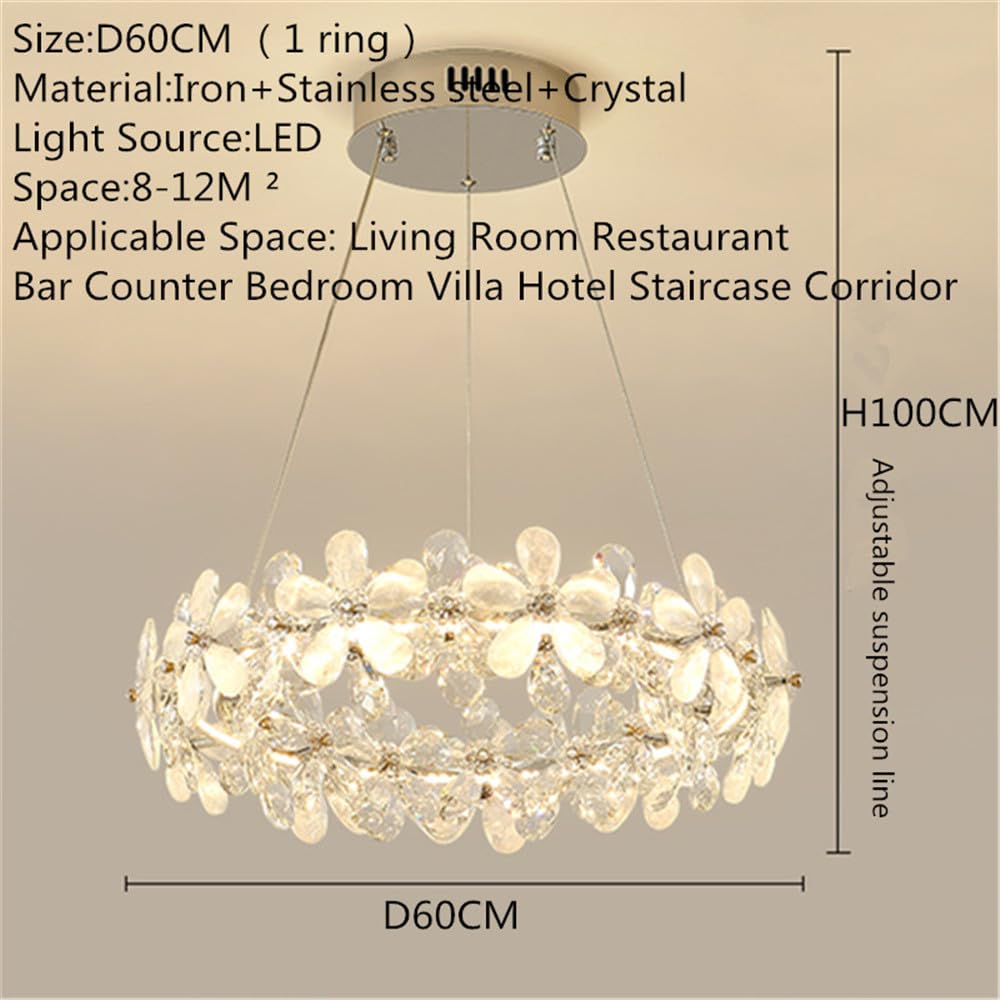 Nowoczesna i luksusowa lampa wisząca z płatkami kryształów w stylu LED, do salonu, restauracji, baru, blatu, sypialni, willi, schodów (1 pierścień, średnica 60 cm)