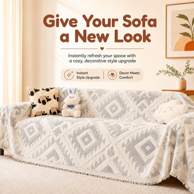 Image of Homero Geometric Sofa Cover 2 Seater Chenille Sofa Throw Blanket with Anti Slip Furniture Protection for Living Room Sofa Set