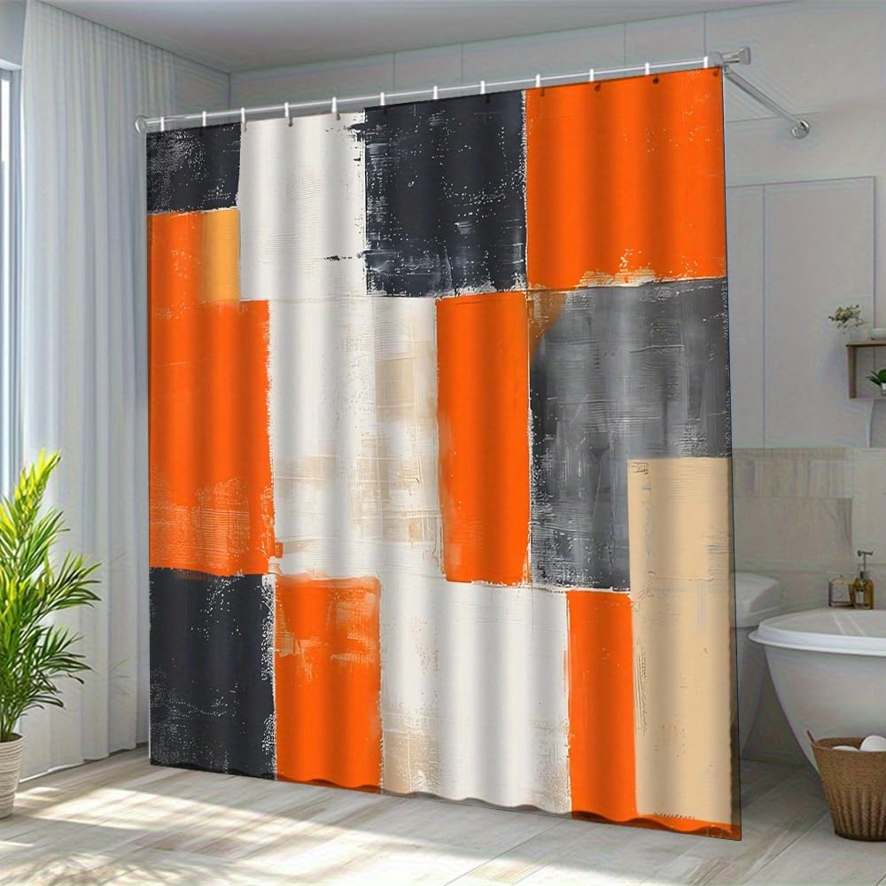 Rideau de douche moderne orange noir gris pour deco salle de bain