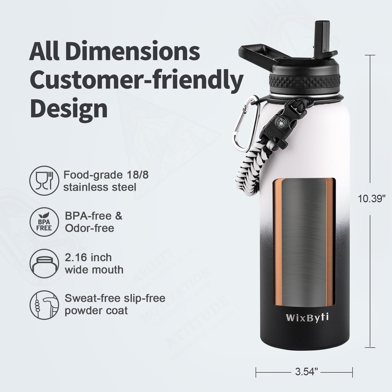 40 oz Insulated Water Bottle with Straw (Cold for 48 Hrs), Stainless Steel Triple Wall Vacuum Sports Water Jug, Leakproof Hydro Cup Flask with Paracord Handle & Straw Spout Lids & DIY Stickers - Image 6