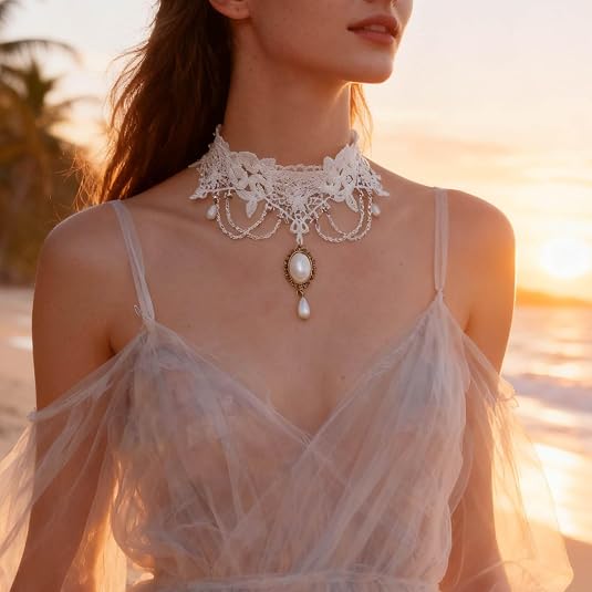 Collana Girocollo In Pizzo Bianco Con Pietra – Gioiello Elegante Per Matrimonio E Festa
