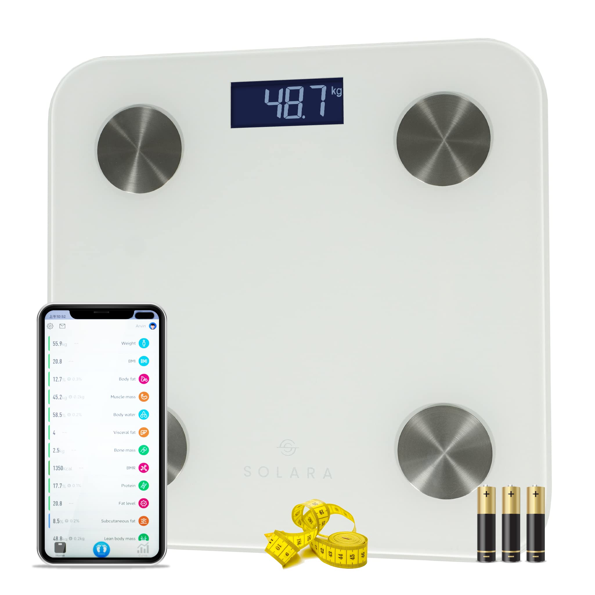 SOLARA Digital Weight Machine for Body Weight, Highly accurate weight machine for human body for home with smartphone app | eBook and measuring tape included